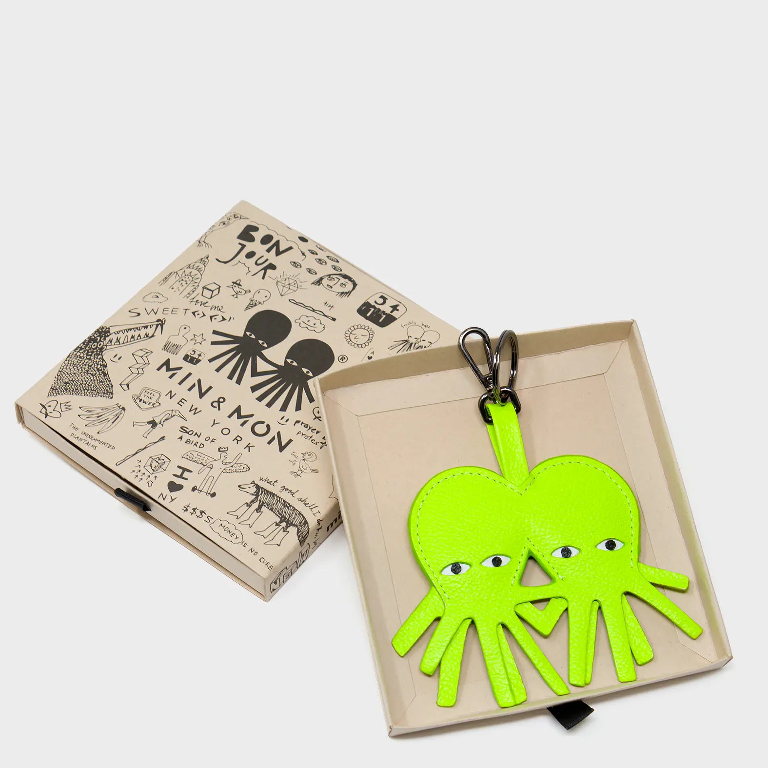 Octotwins Charm - Neon Lime Leather Keychain - Box