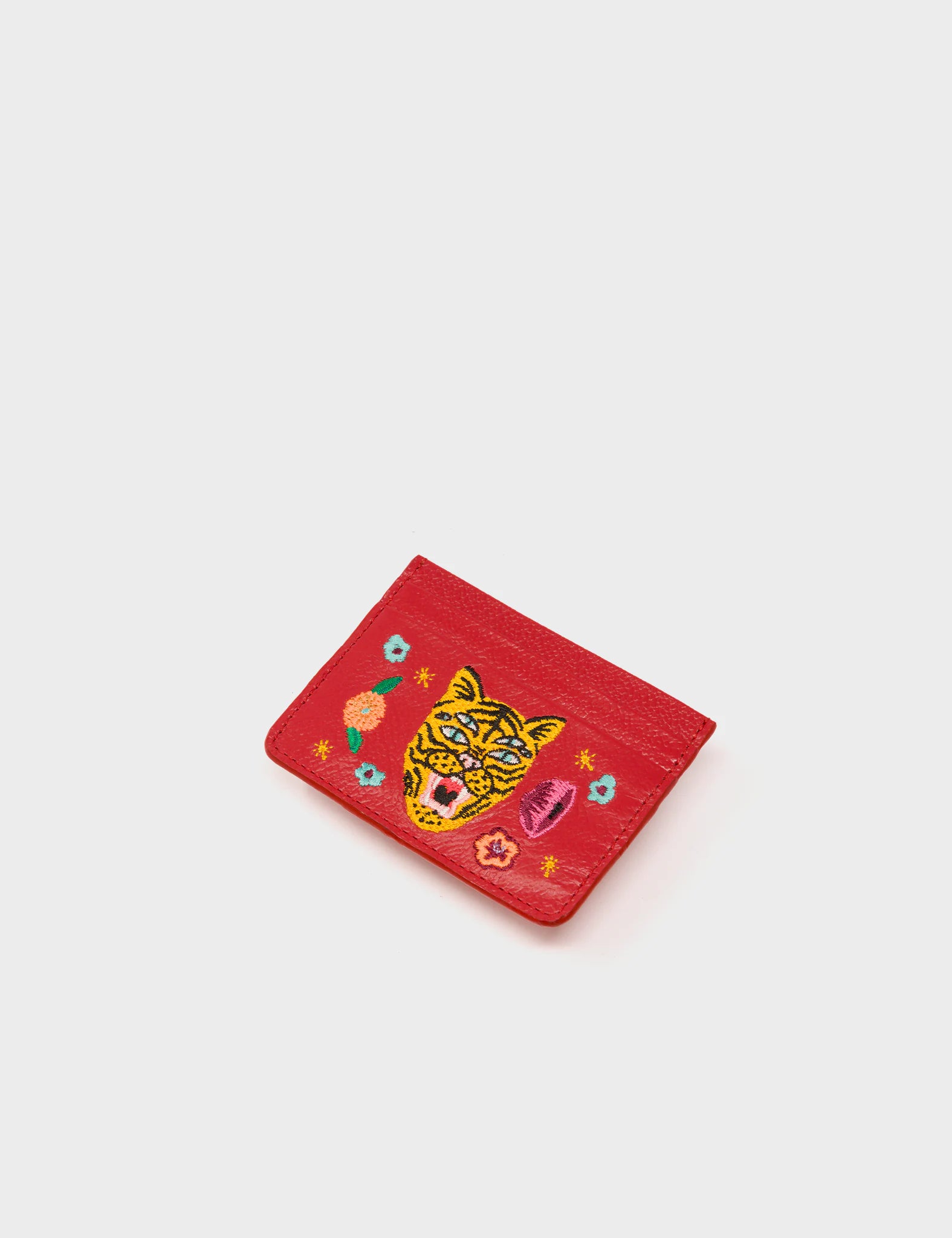 Filium Jester Red Leather Cardholder - Happy Tiger Embroidery - Side