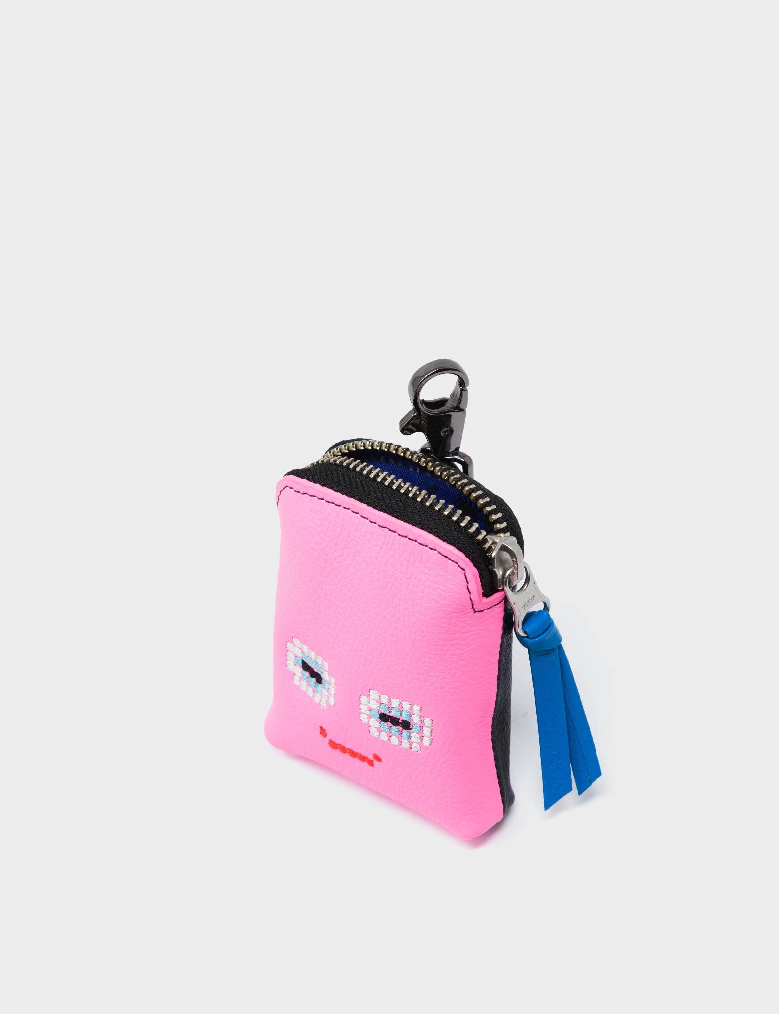 Florence Pouch Charm - Bubblegum Pink Leather Keychain Happy Face Embroidery - Detail View