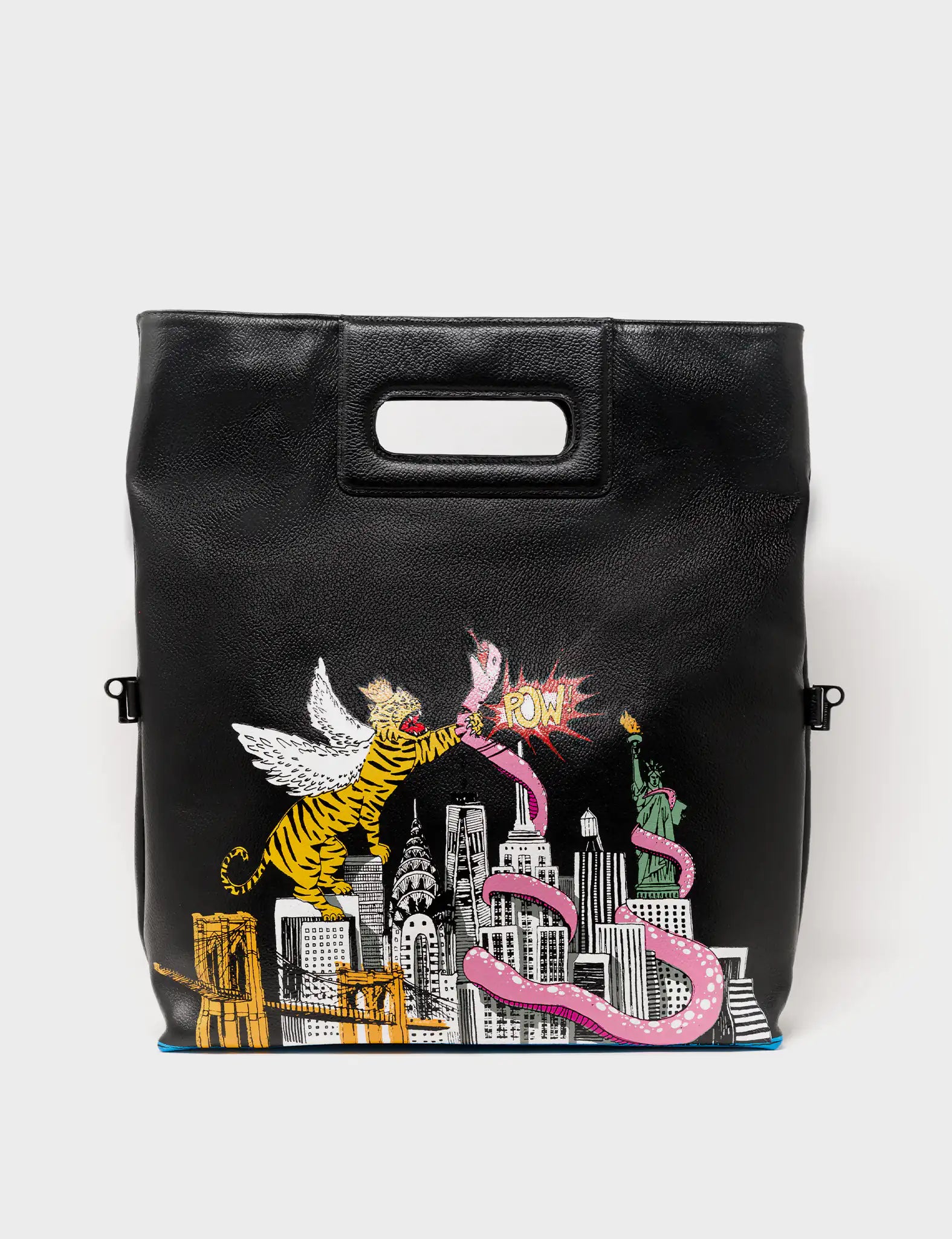Convertible Crossbody Bag - Black Leather New york skyline tiger and snake Print - front