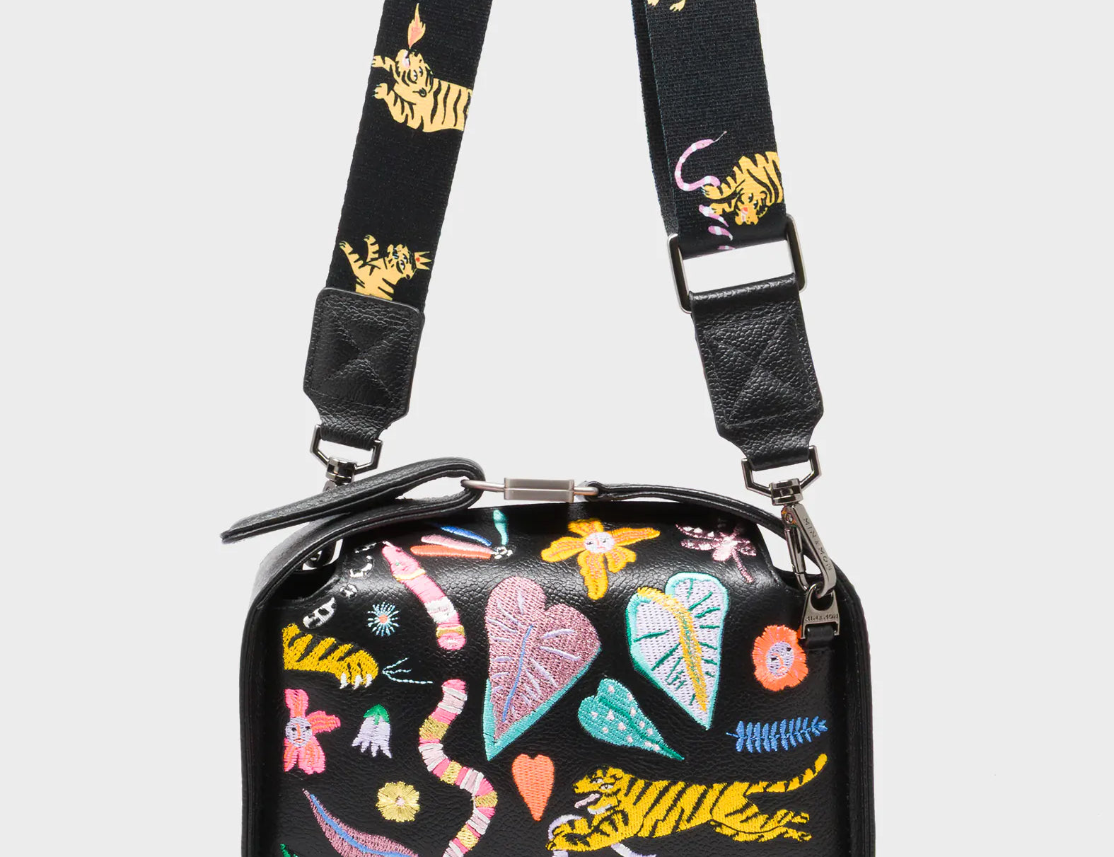 Benji Mini Crossbody Black Leather Bag - Autumn Blush Embroidery - Strap View