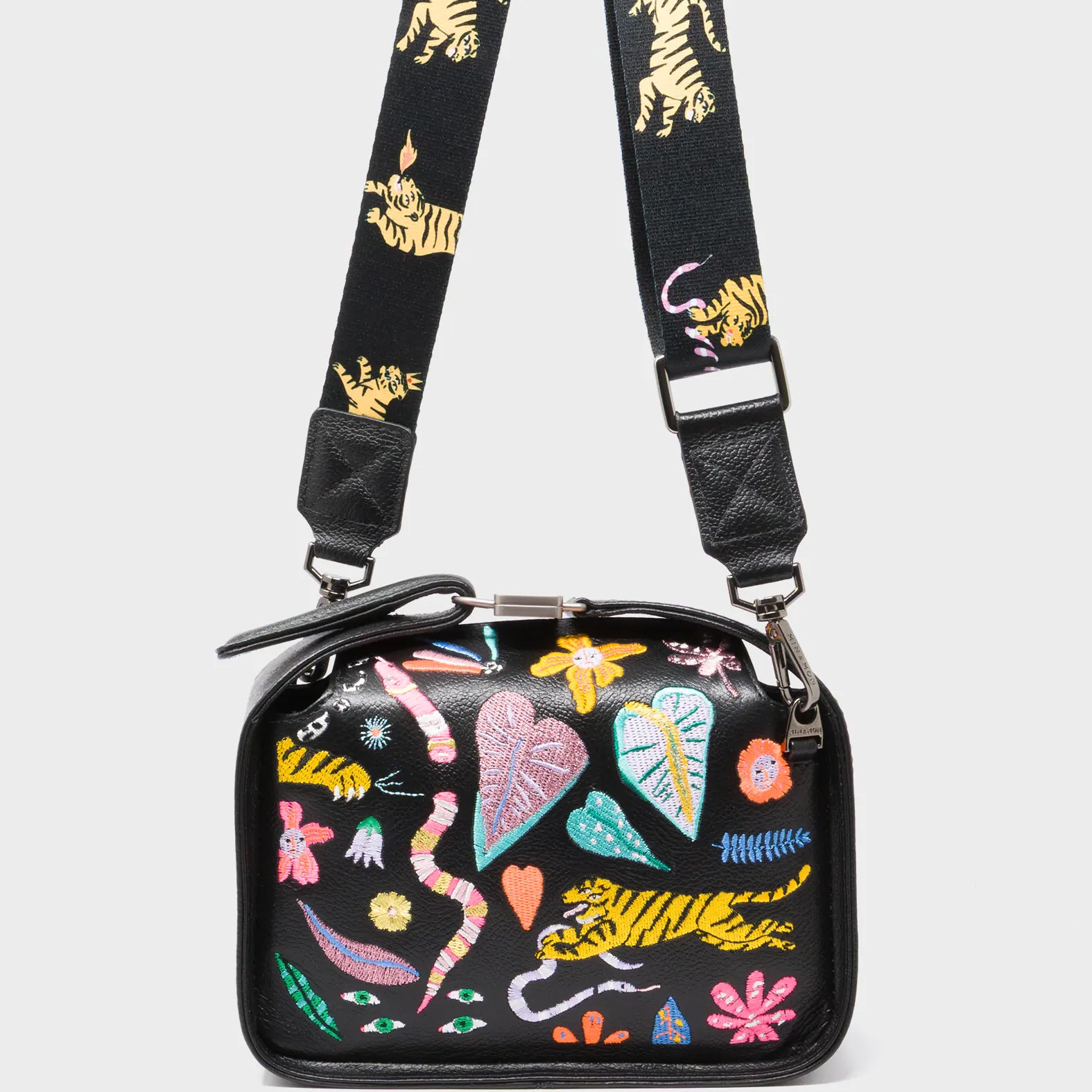Benji Mini Crossbody Black Leather Bag - Autumn Blush Embroidery - Strap View