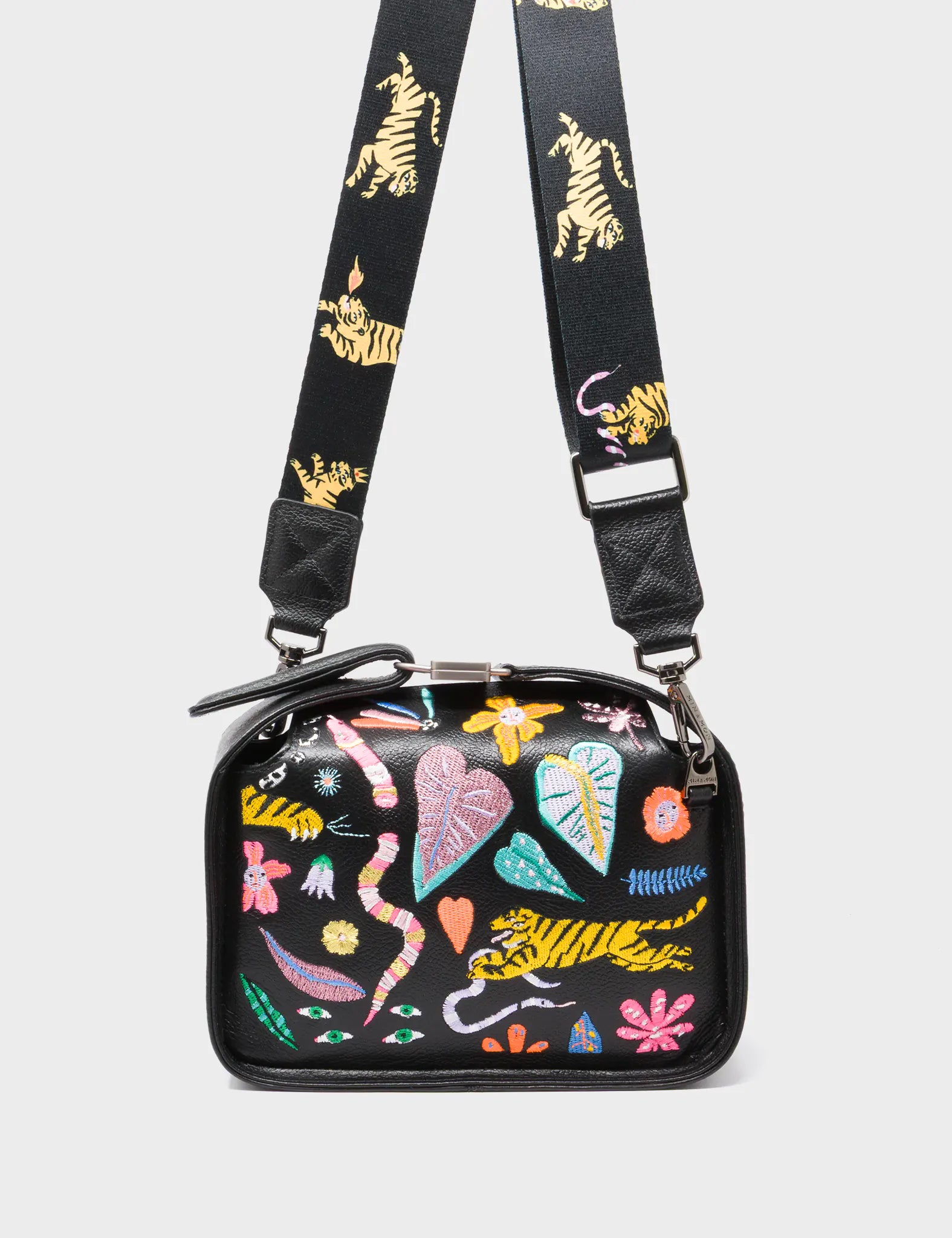 Benji Mini Crossbody Black Leather Bag - Autumn Blush Embroidery - Strap View