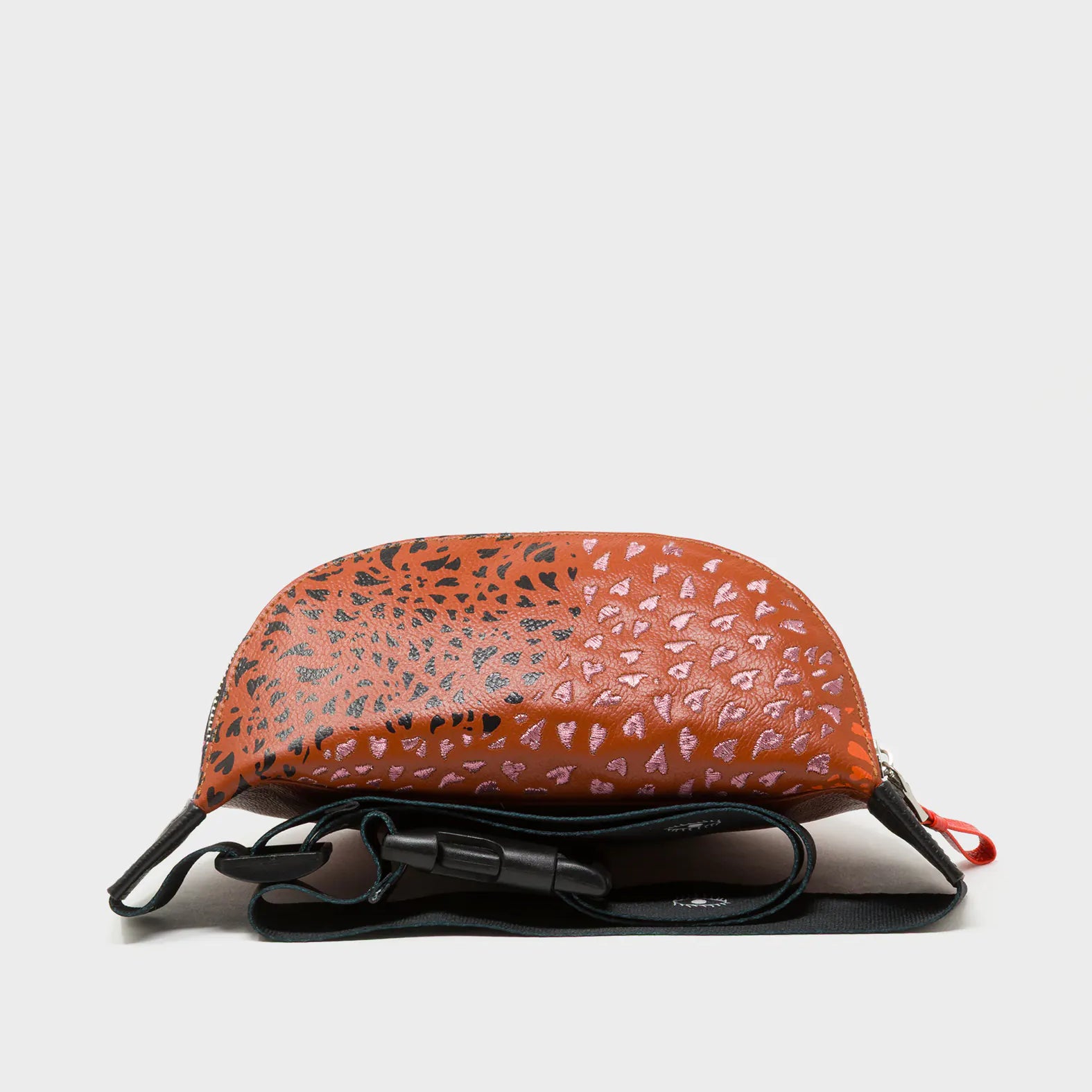 Harold Fanny Pack Black Leather - Retro Tiger Embroidery - Up View