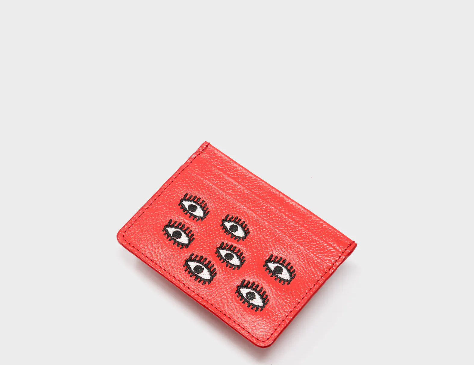 Filium Poppy Red Leather Cardholder - All Over Eyes Embroidery - Side