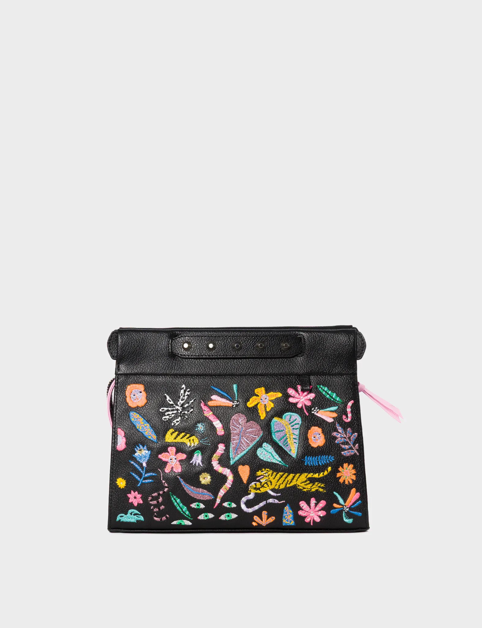 Vali Crossbody Small Black Leather Bag - Autumn Blush Embroidery - Front View