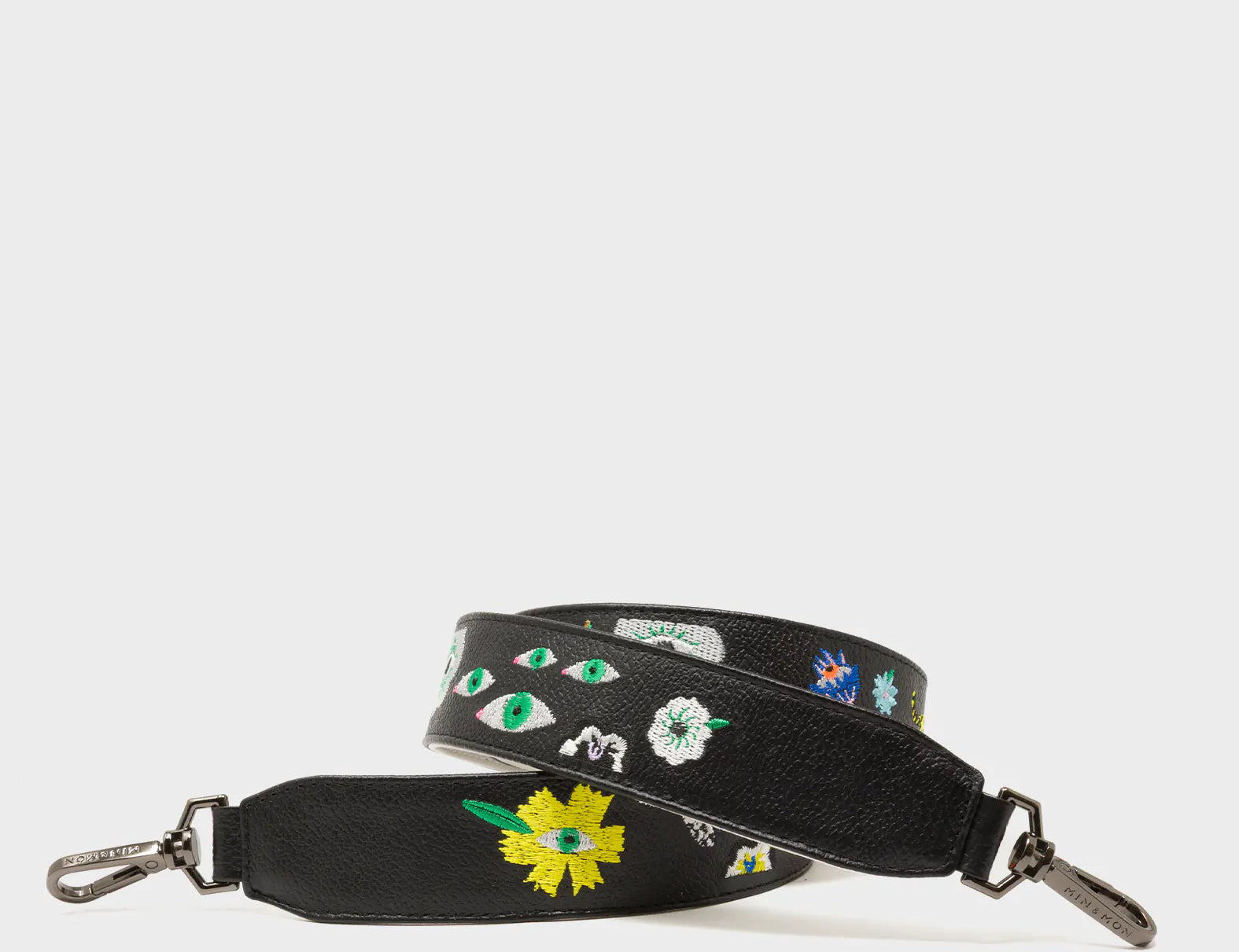 Detachable Black Leather Shoulder Strap - Floralia Embroidery  - Main View