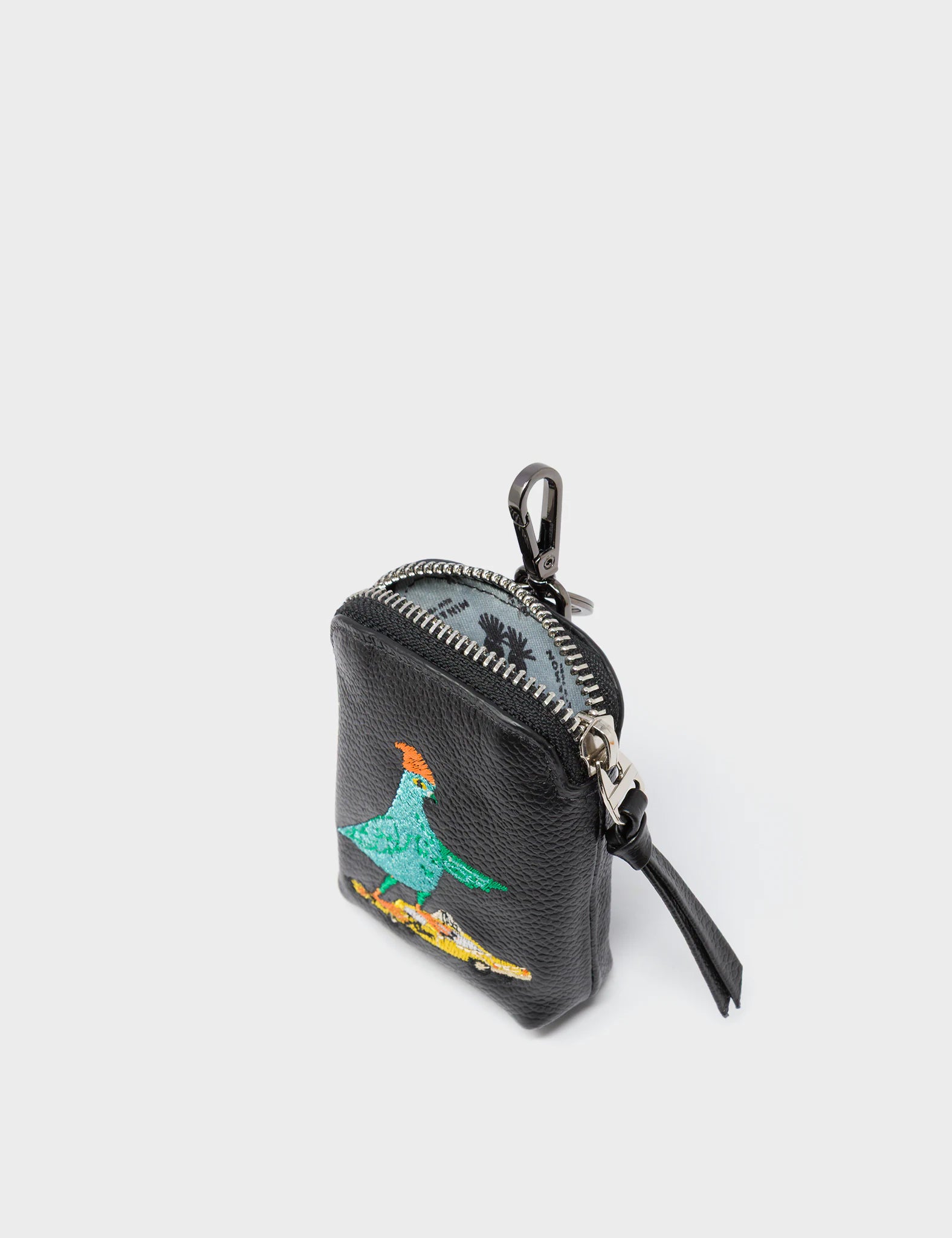 Florence Pouch Charm - Black Leather Keychain Pigeonista Embroidery - Open