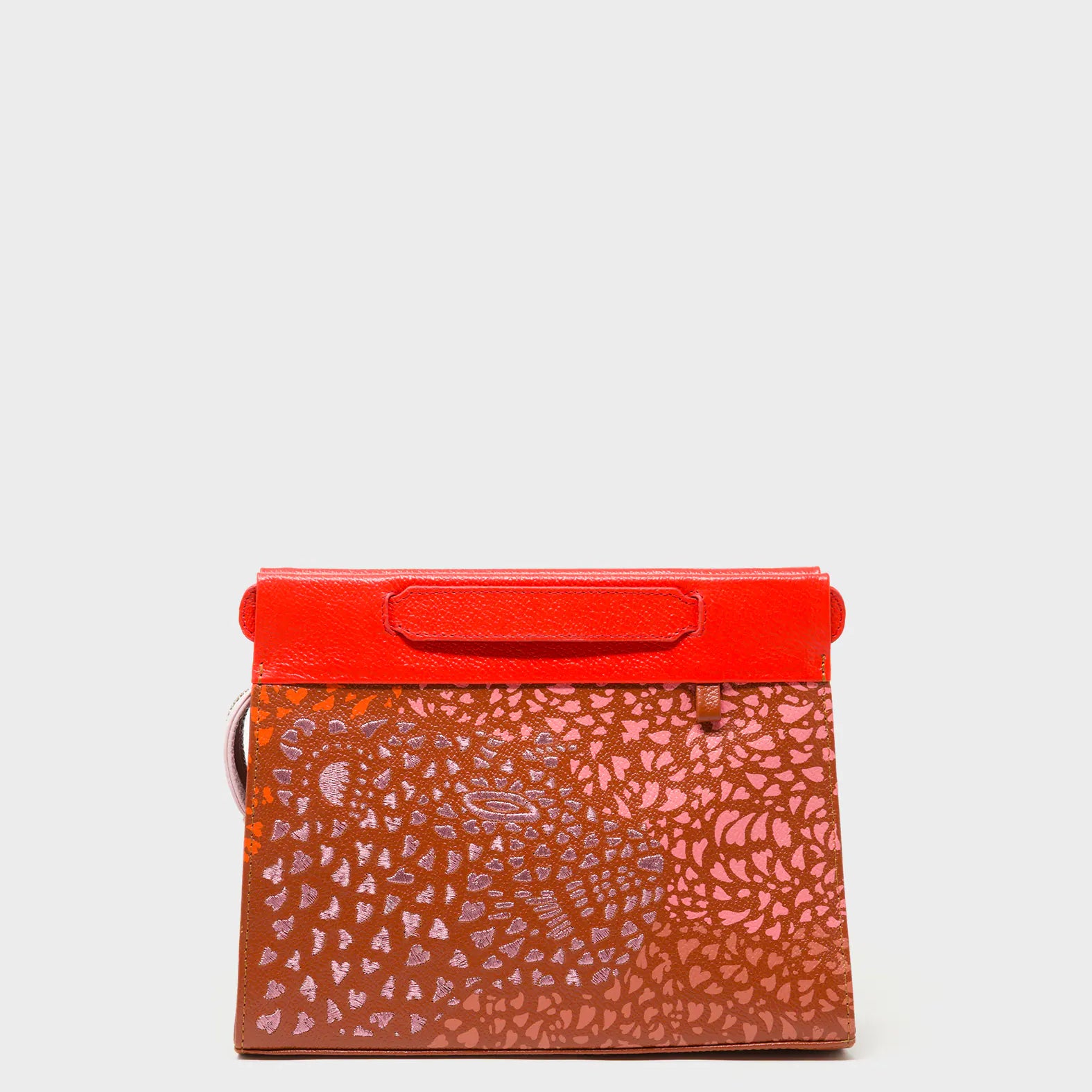 Vali Crossbody Baked City Brown and Fiesta Red Leather Bag - Retro Tiger Embroidery - Front View