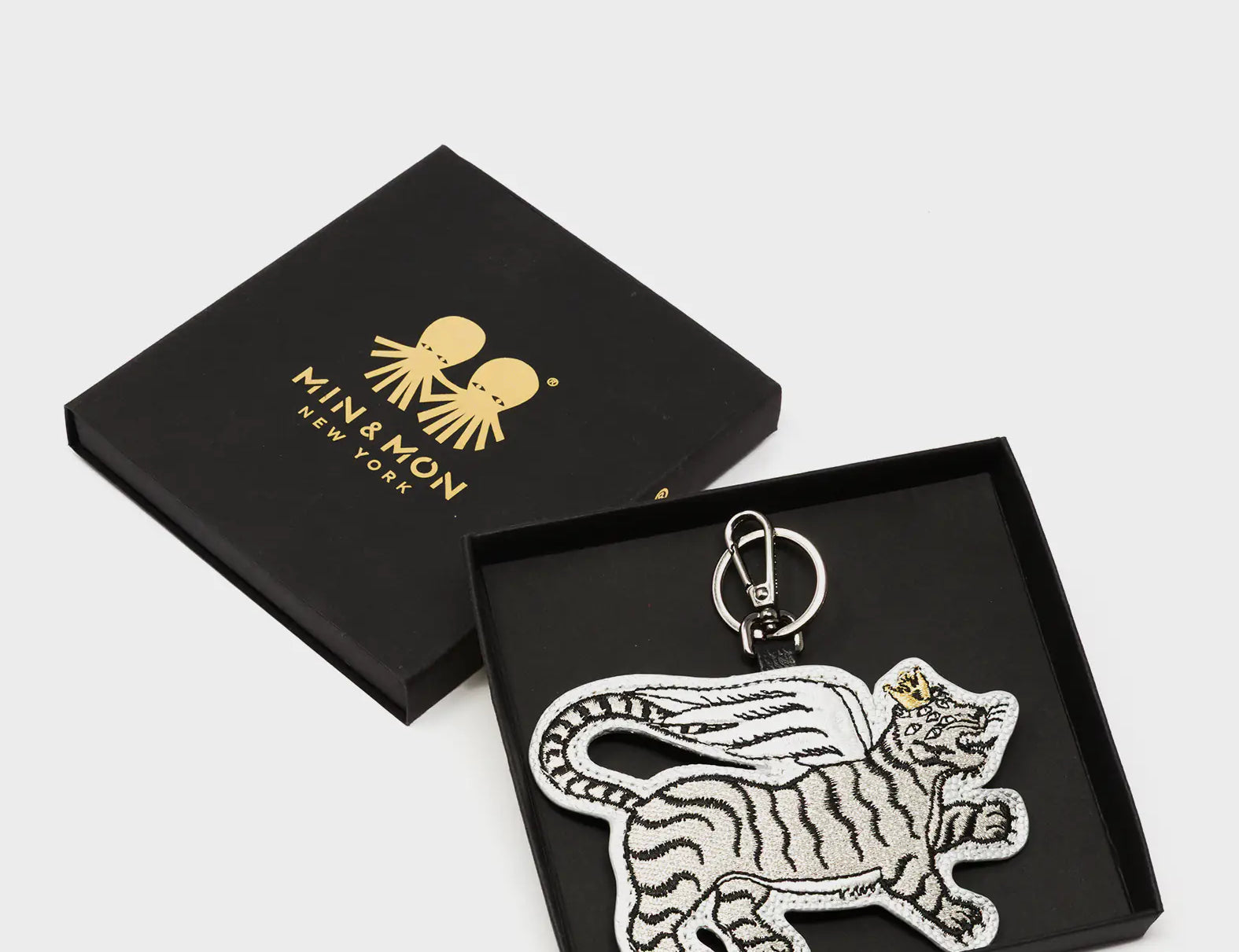 Theo the Tiger - Silver Leather Keychain - Package