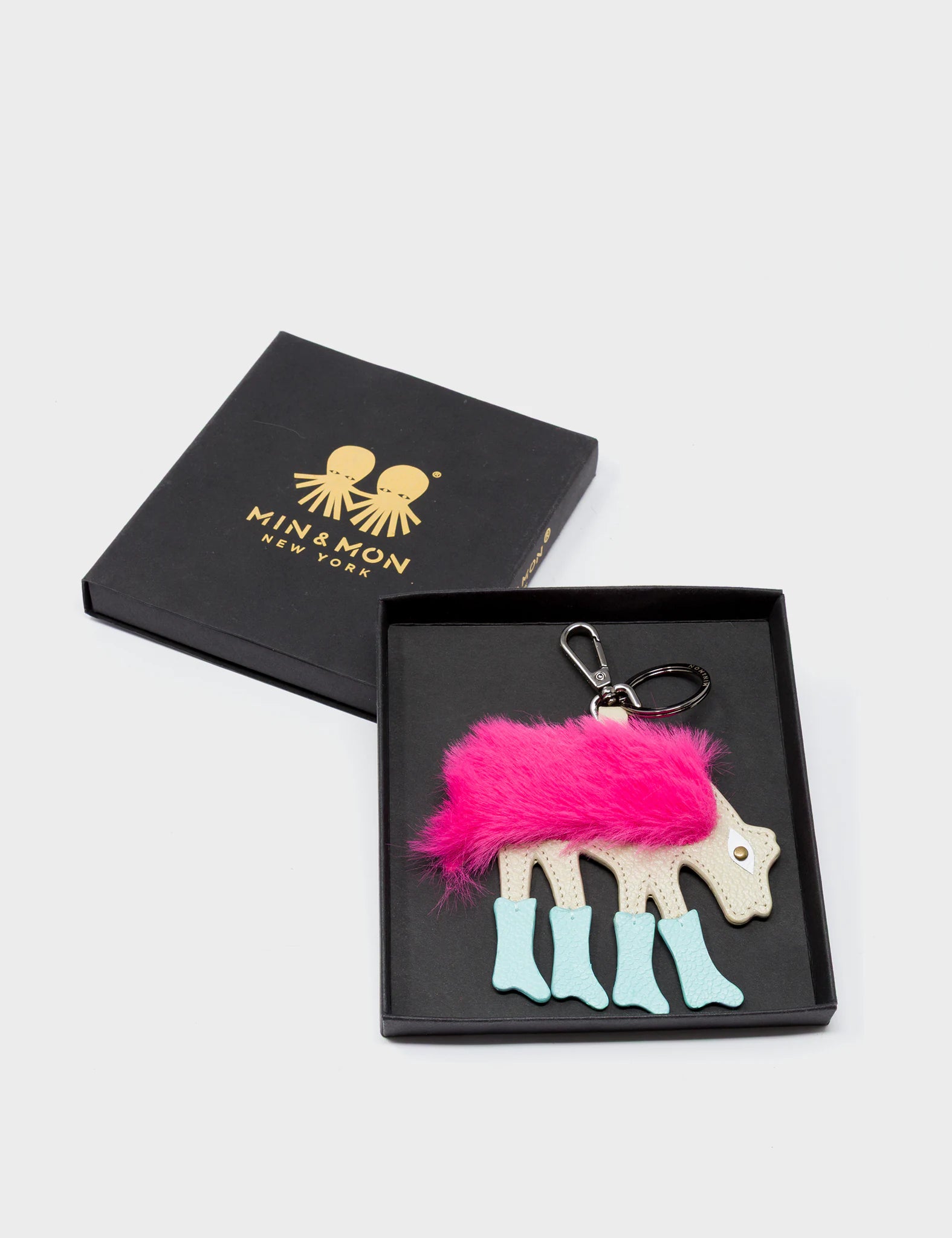 Wolf In Heels Charm - Fuchsia Faux Fur and Eggshell Blue Boots Keychain - Package