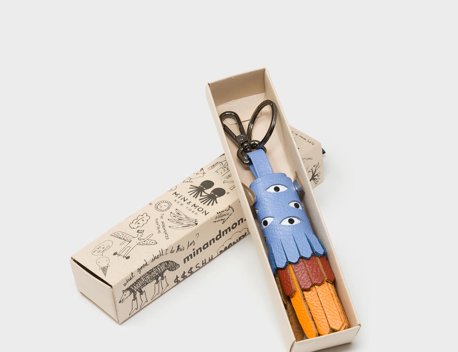 Oliver The Ox Charm - Vista Blue and Baked City Brown Leather Keychain - Box View