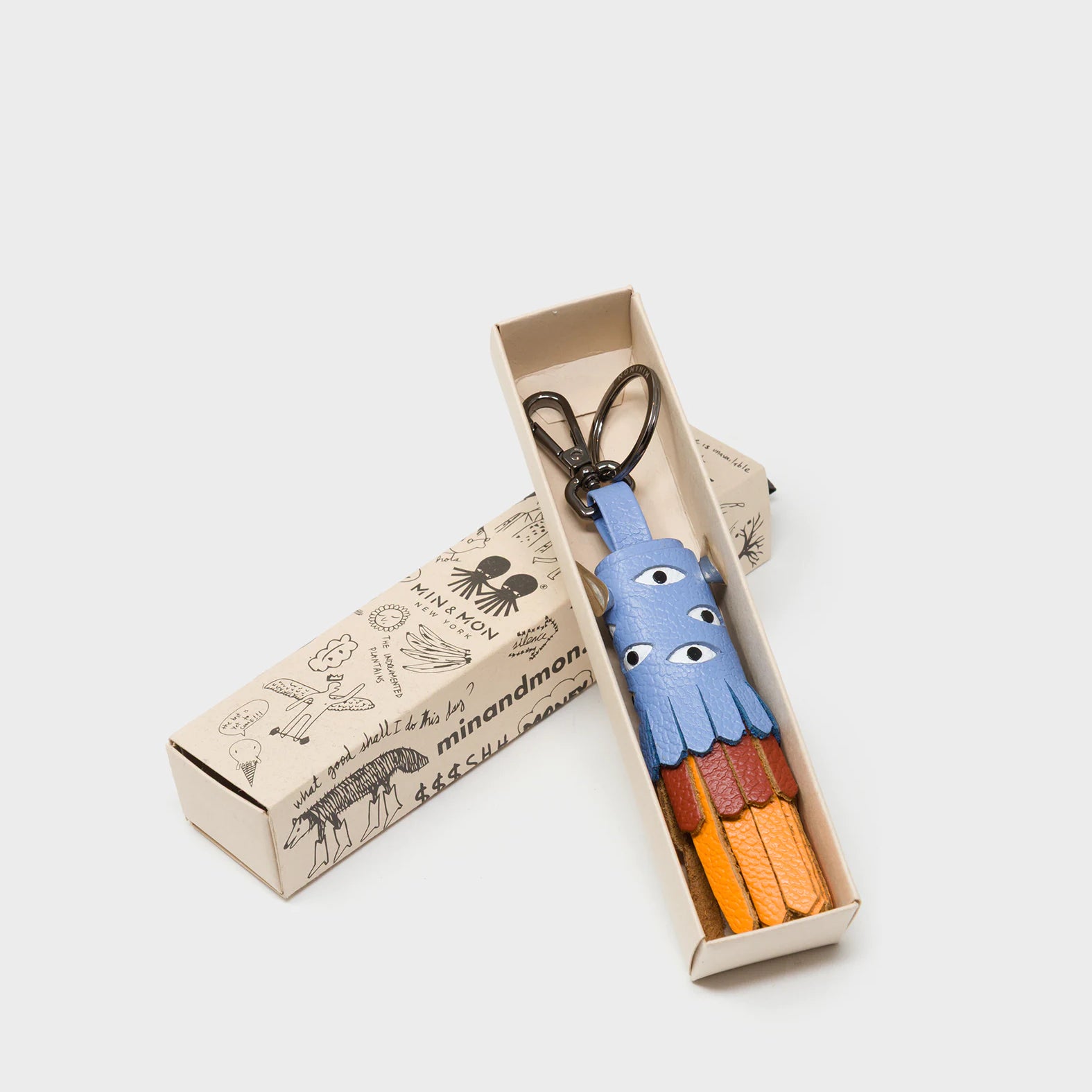 Oliver The Ox Charm - Vista Blue and Baked City Brown Leather Keychain - Box View