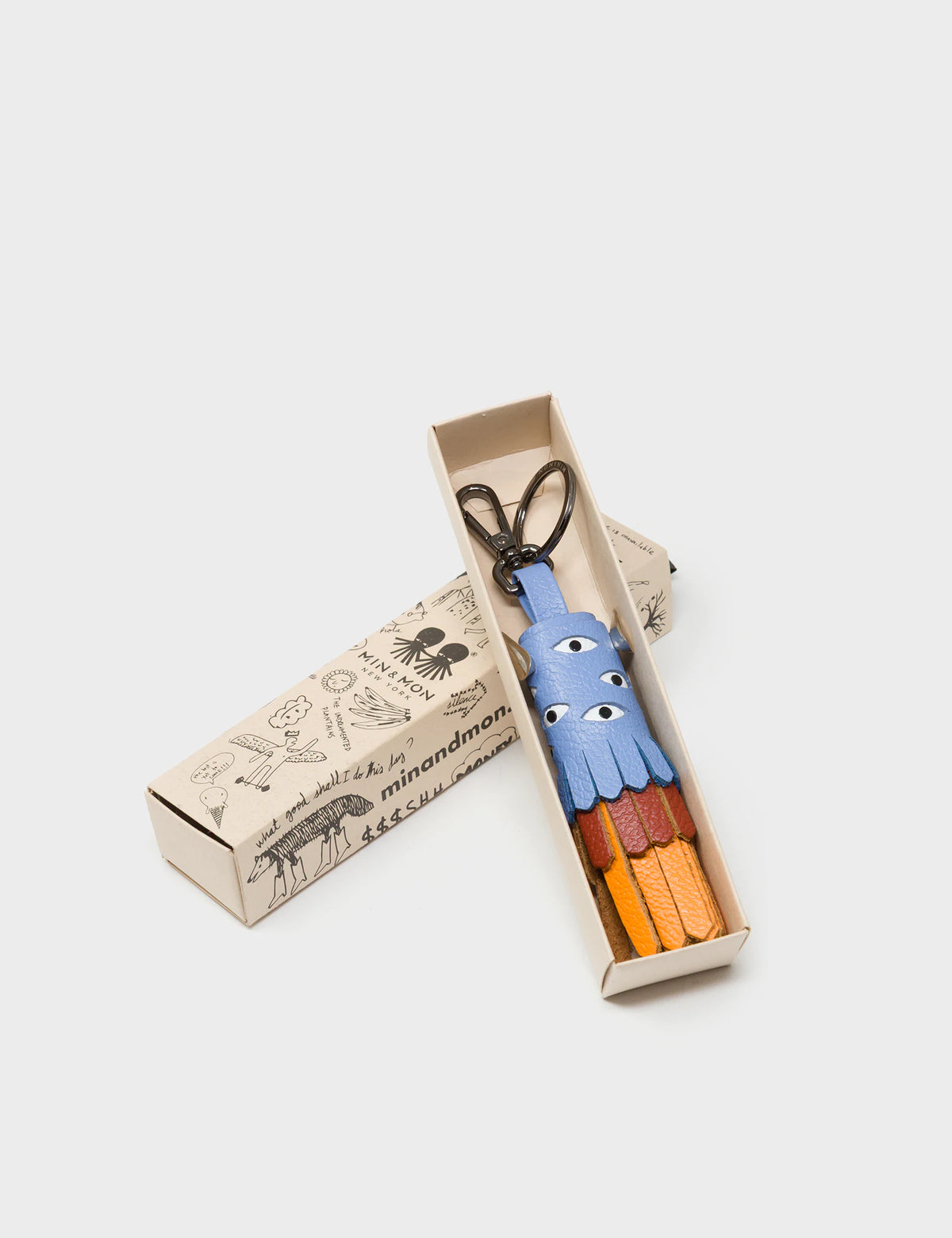Oliver The Ox Charm - Vista Blue and Baked City Brown Leather Keychain - Box View