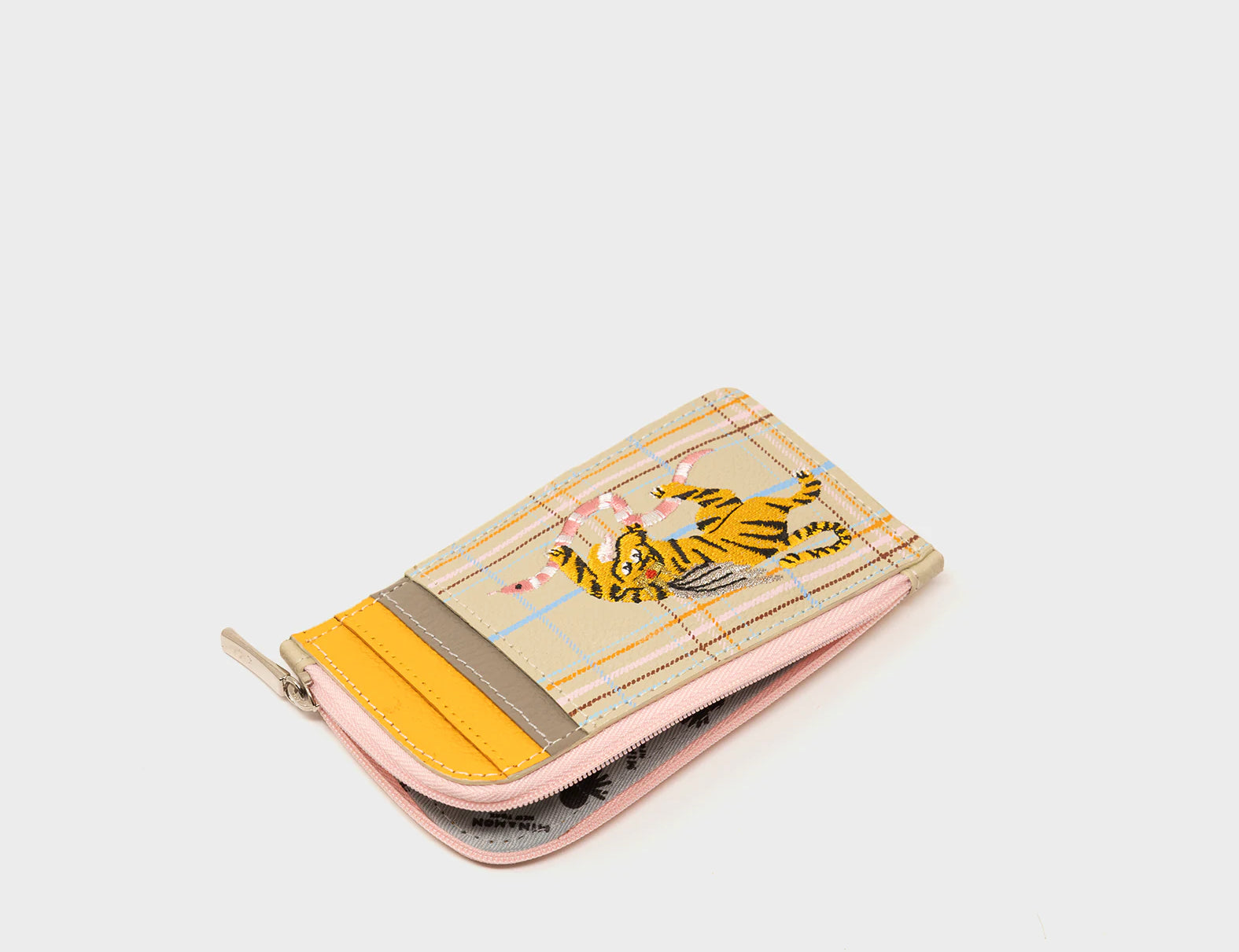 Fausto Gravel Beige Leather Zip-around Cardholder - Retro Tiger Design - Open