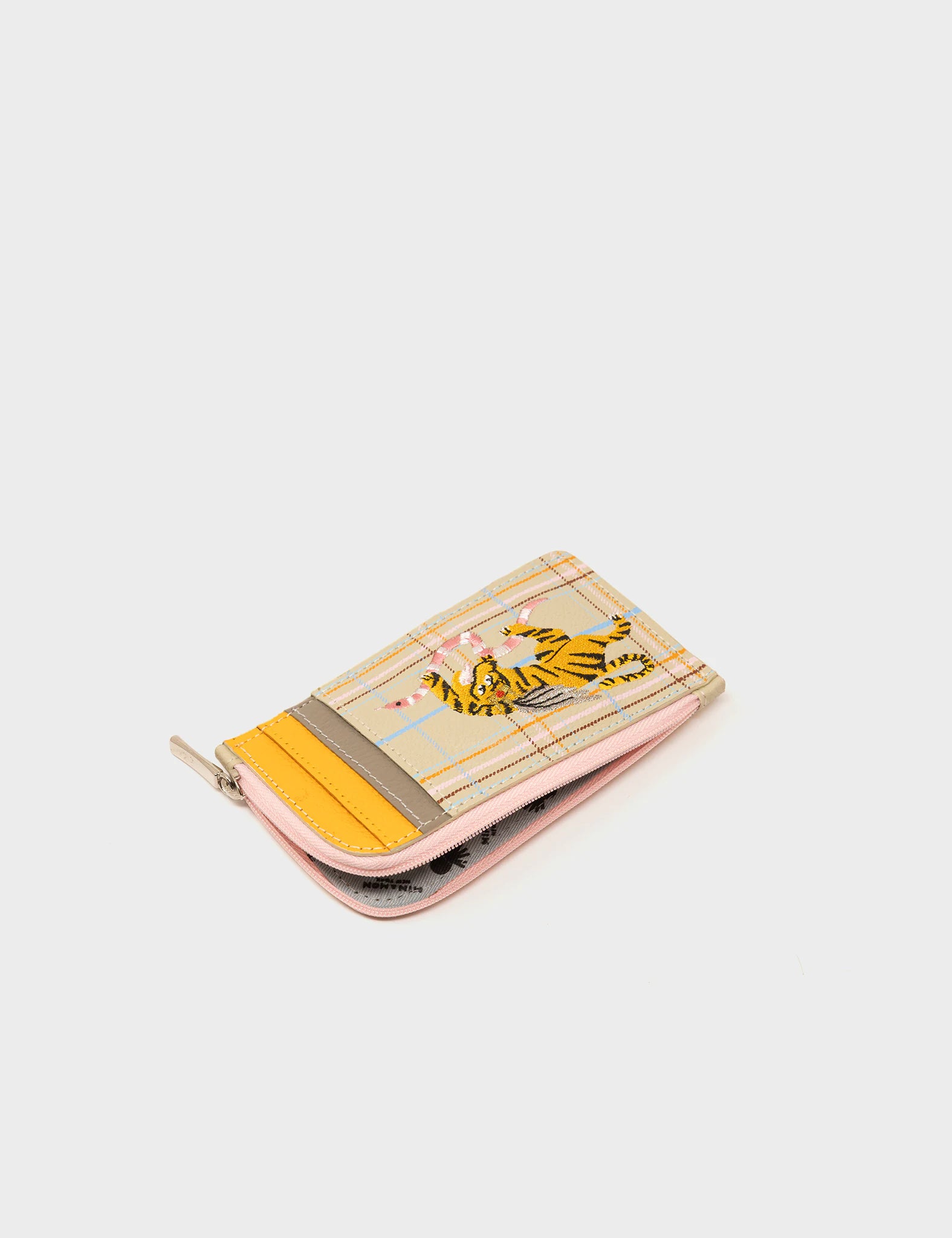 Fausto Gravel Beige Leather Zip-around Cardholder - Retro Tiger Design - Open