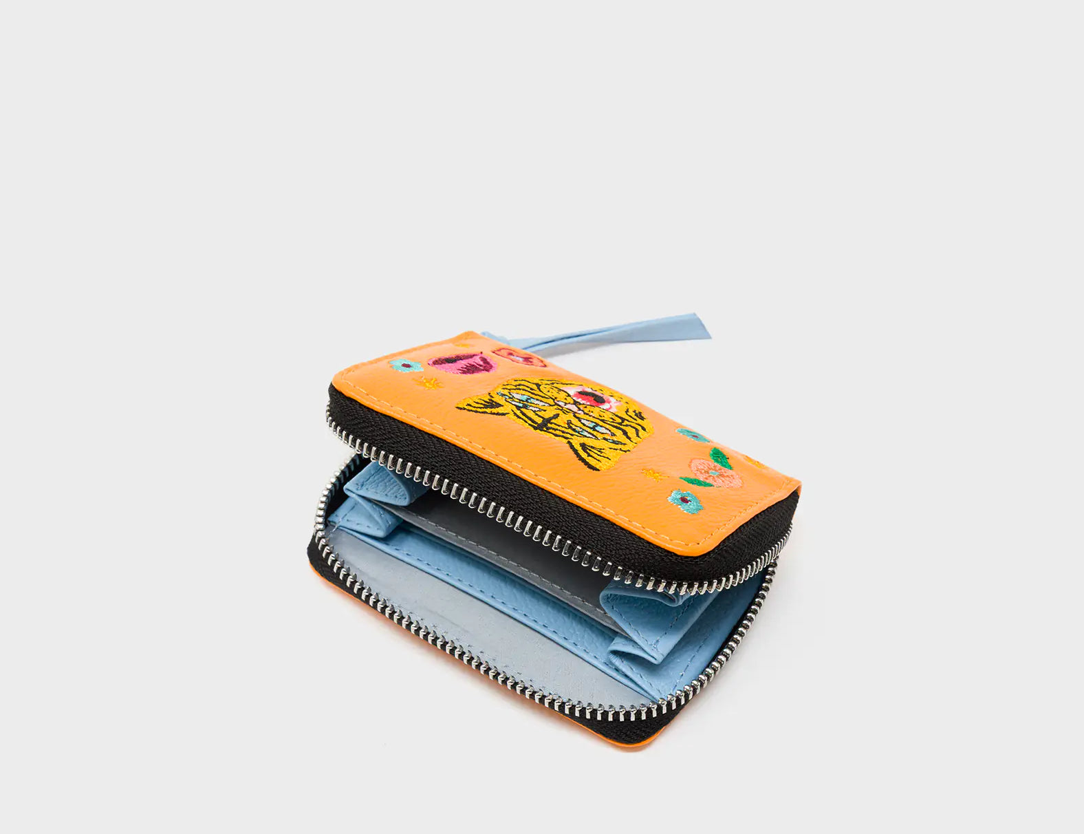 Frodo Flamingo Orange Leather Zip Around Wallet - Happy Tiger Embroidery - Open View