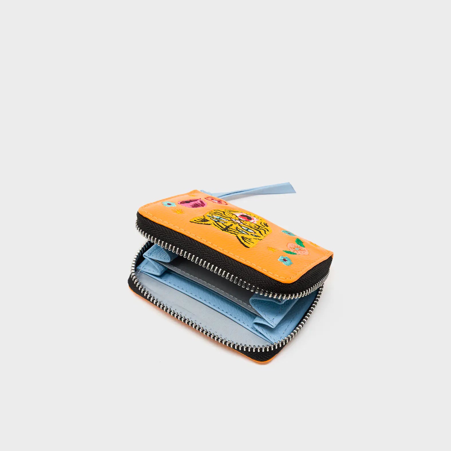 Frodo Flamingo Orange Leather Zip Around Wallet - Happy Tiger Embroidery - Open View