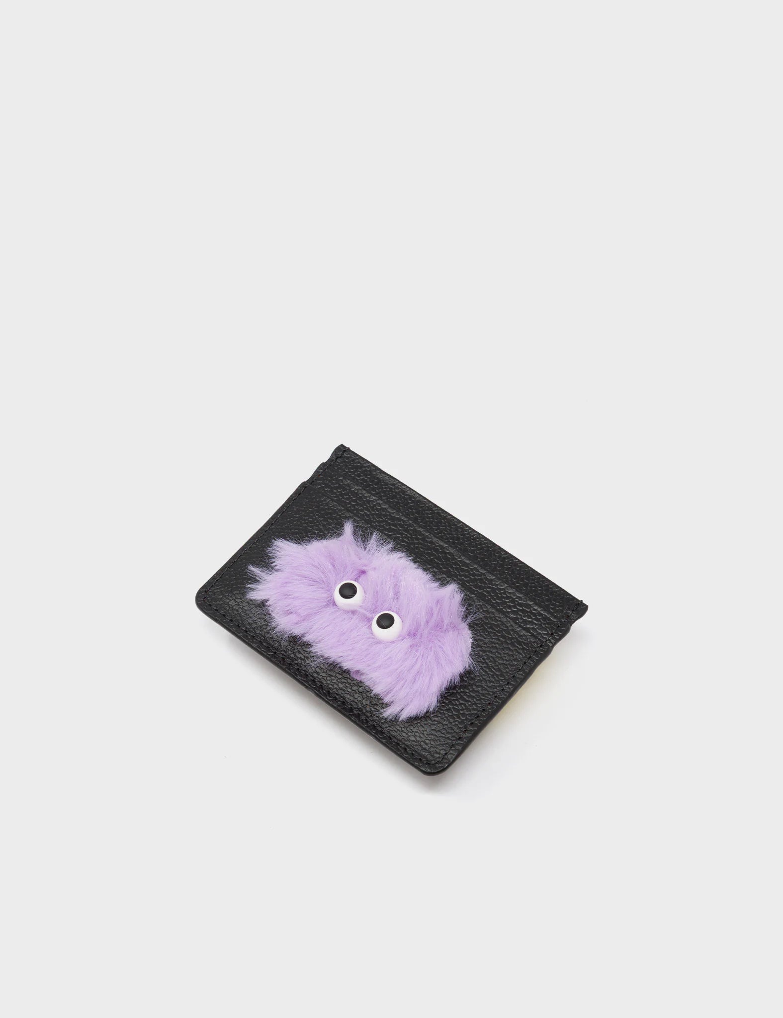 Filium Black and Lavender Leather Cardholder - Fuzzy Monster Applique - Open