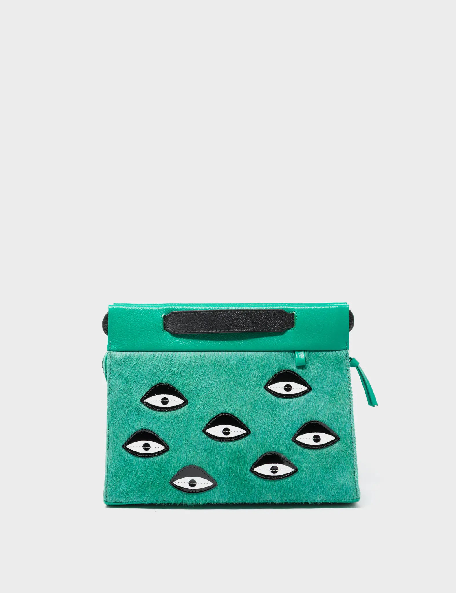 Vali Crossbody Small Deep Green Leather Bag - Eyes Applique Adjustable Handle - Front View