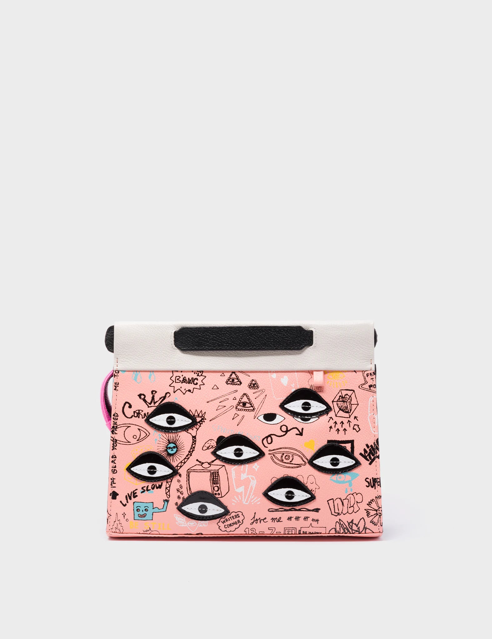 Vali Crossbody Small Rosa Leather Bag - Urban Doodles Print and Eyes Applique - Front View