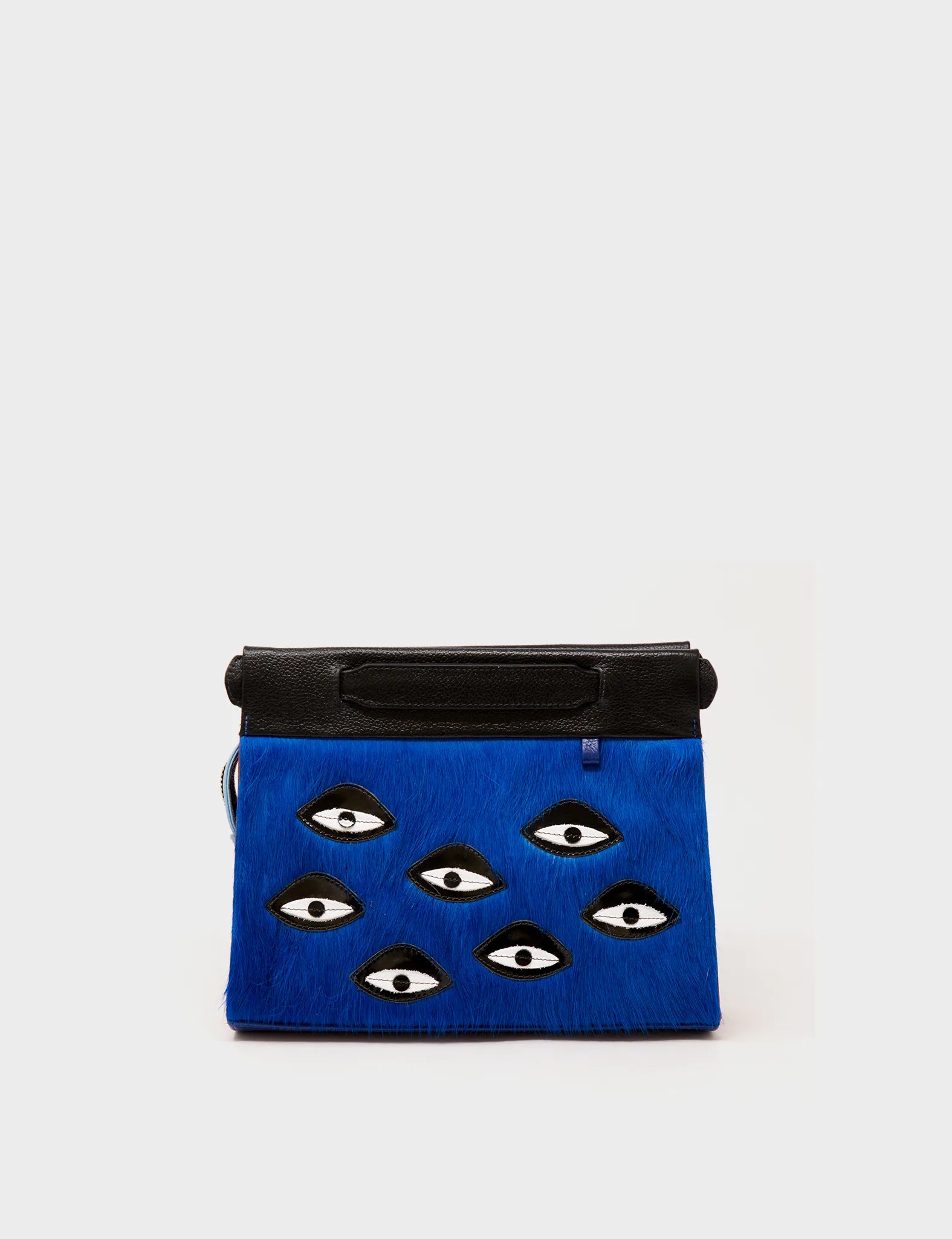 Crossbody Small Royal Blue And Black Leather Bag - Eyes Applique Adjustable Handle - Front 