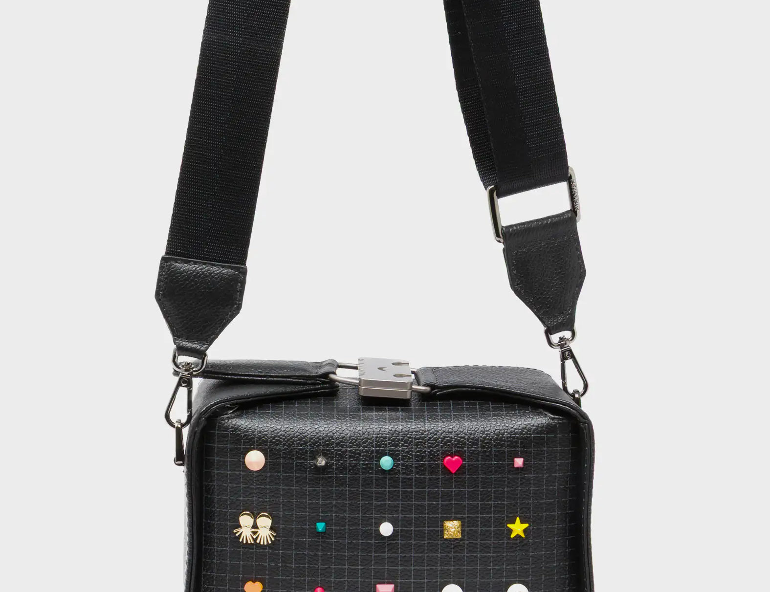 Benji Micro Crossbody Black Leather Bag - Studs Pattern - Strap View