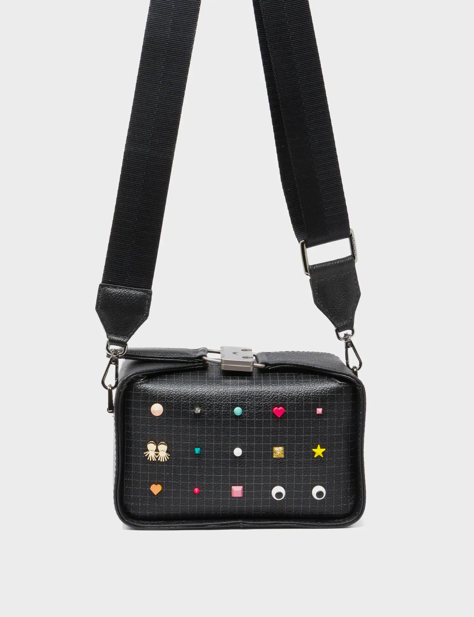 Benji Micro Crossbody Black Leather Bag - Studs Pattern - Strap View