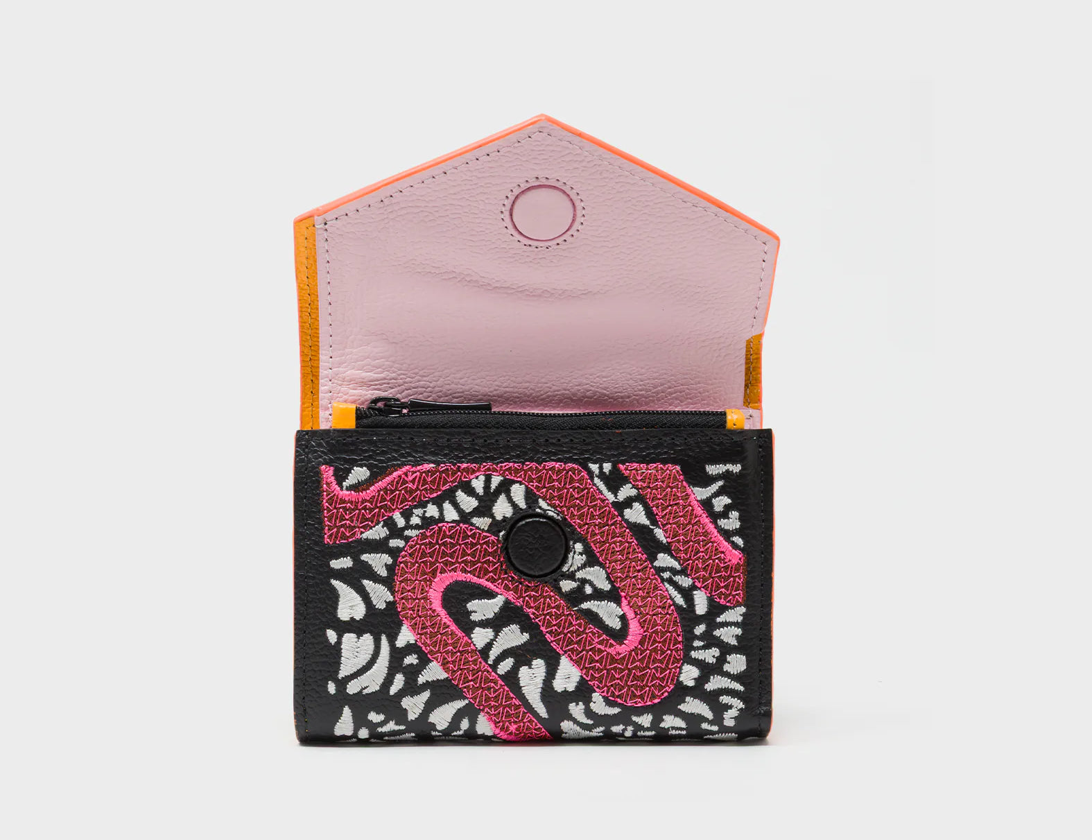 Fiona Black Leather Wallet - Retro Tiger Embroidery - Half Open
