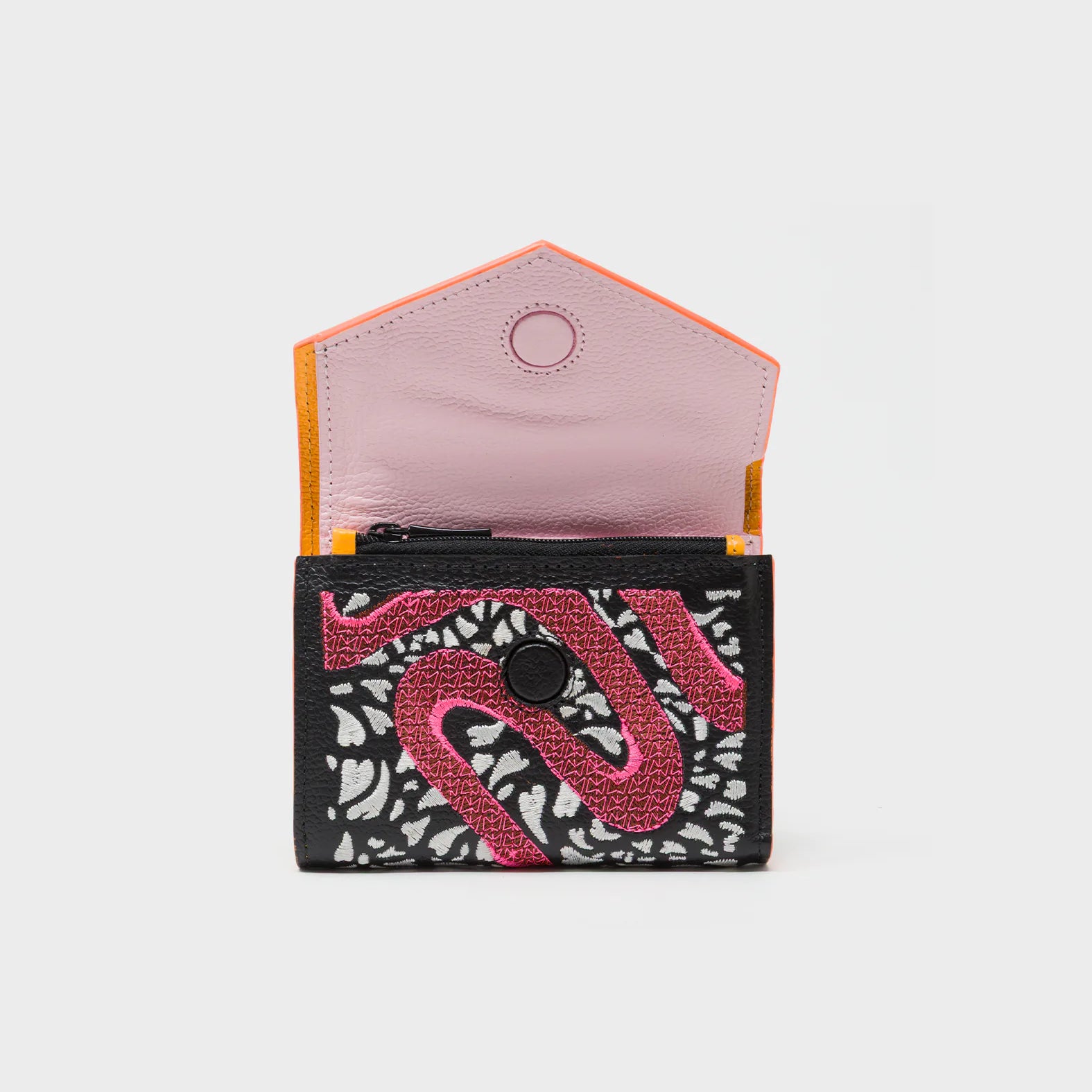 Fiona Black Leather Wallet - Retro Tiger Embroidery - Half Open