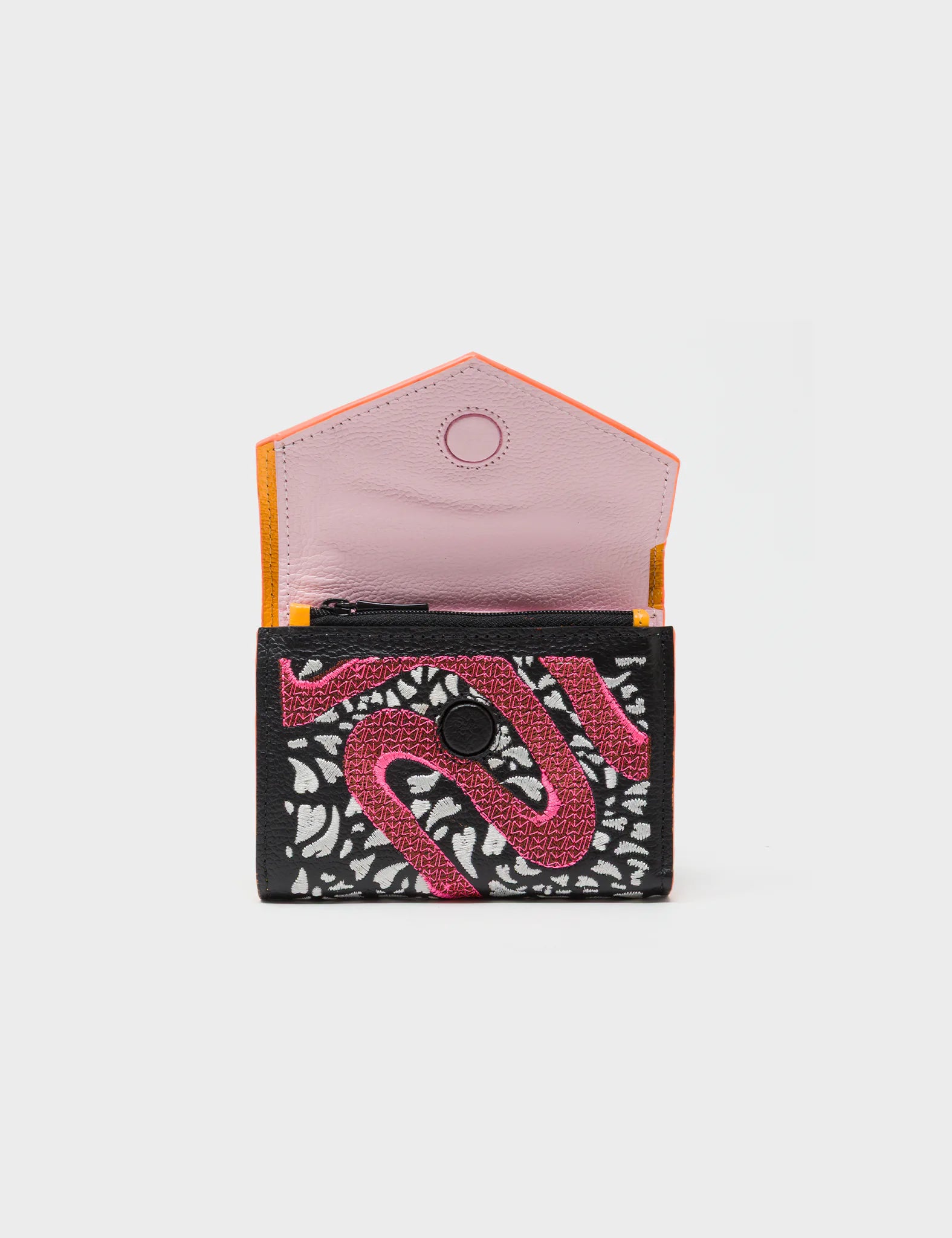 Fiona Black Leather Wallet - Retro Tiger Embroidery - Half Open