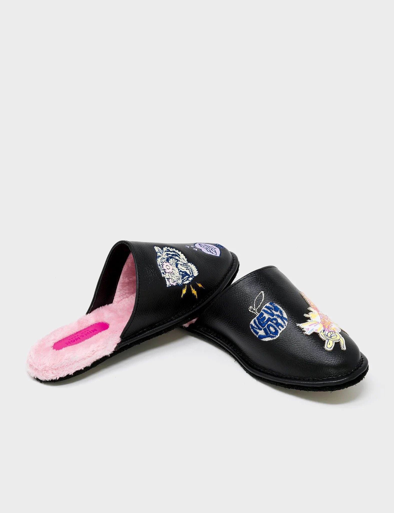  Black Leather Slippers - Tiger Power Embroidery - side
