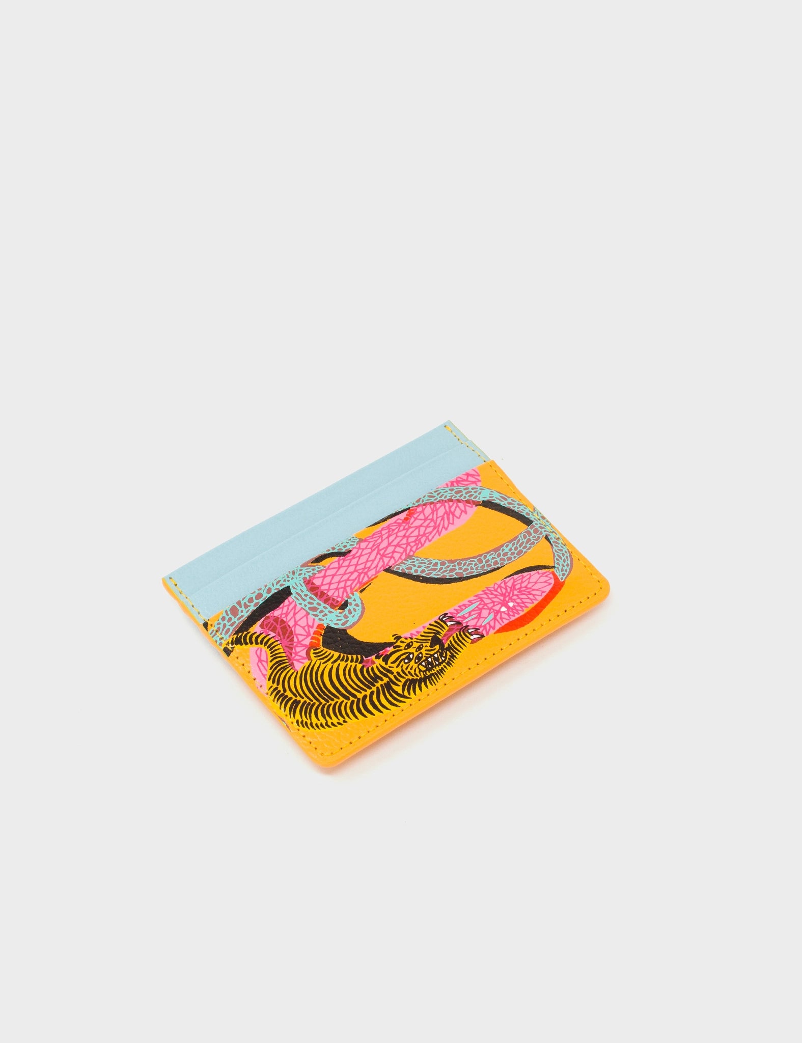 Marigold And Stratosphere Blue Leather Cardholder - Tiger and Snake Print - Side