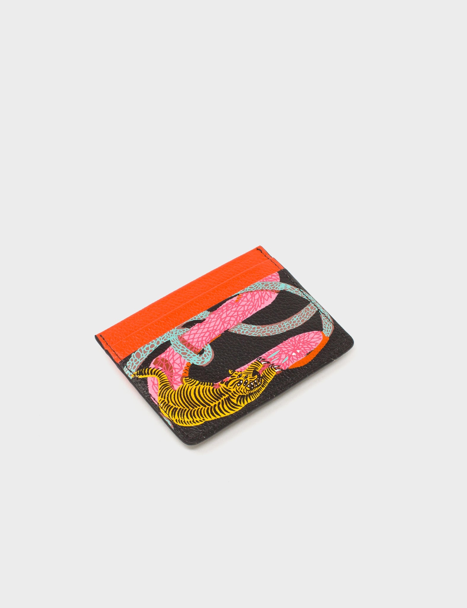 Black And Fiesta Red Leather Cardholder - Tiger and Snake Print - Side