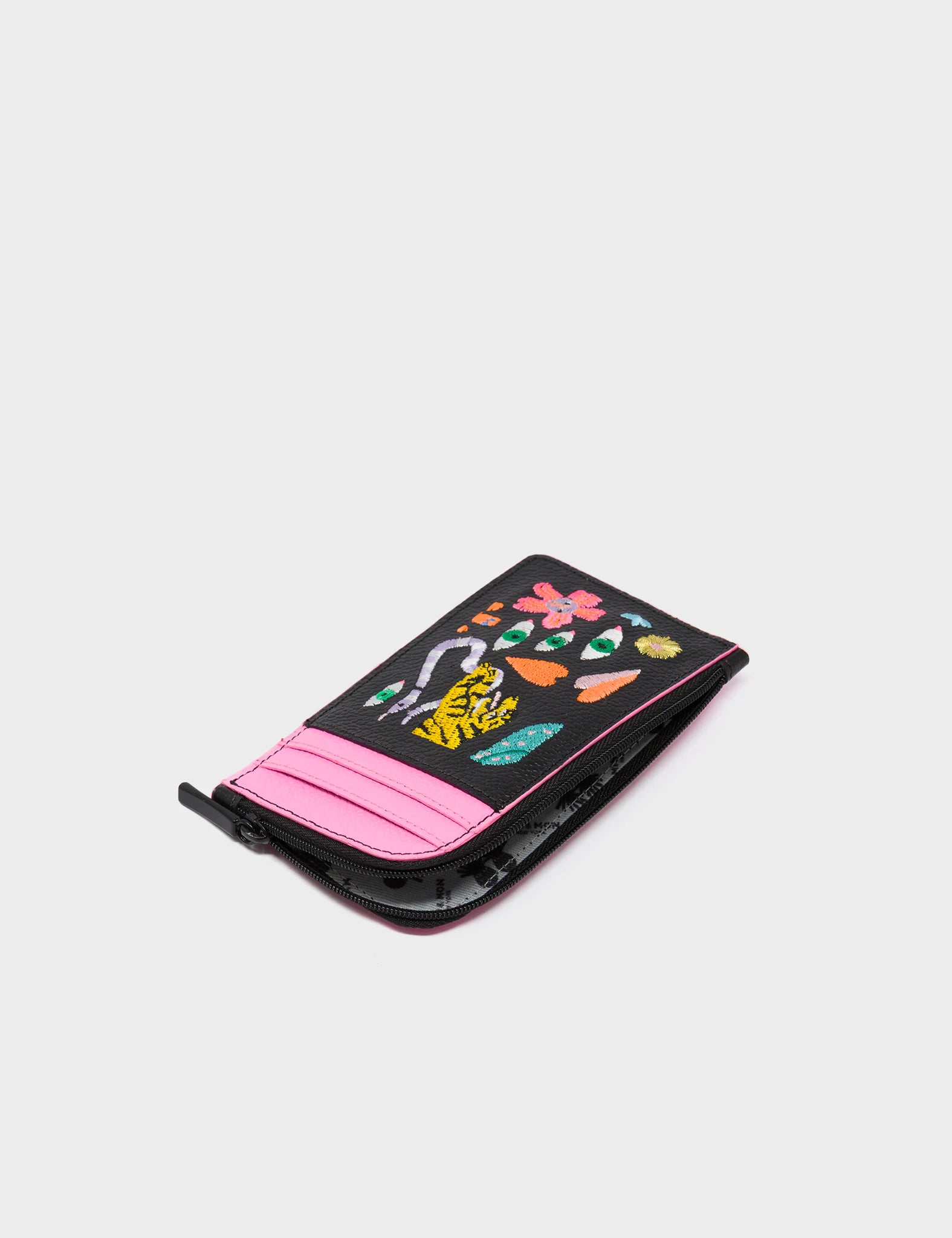 Fausto Black Leather Zip-around Cardholder - Autumn Blush Embroidery - Open