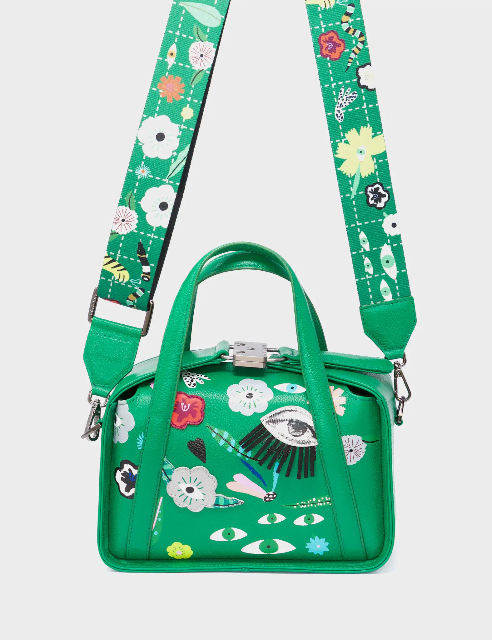 Benji Mini Crossbody Irish Green Leather Bag -  Floralia Embroidery - Strap View