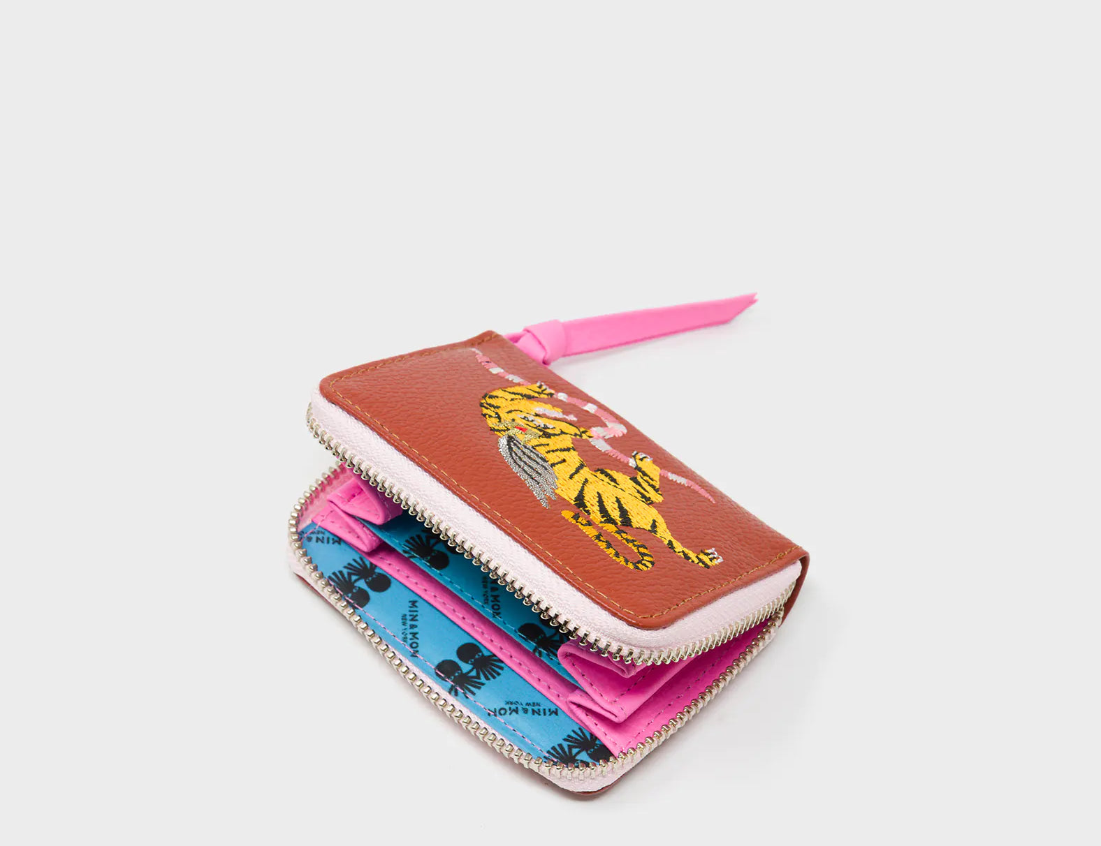Frodo Baked City Brown Leather Zip Around Wallet - Winged Tiger Embroidery - Open