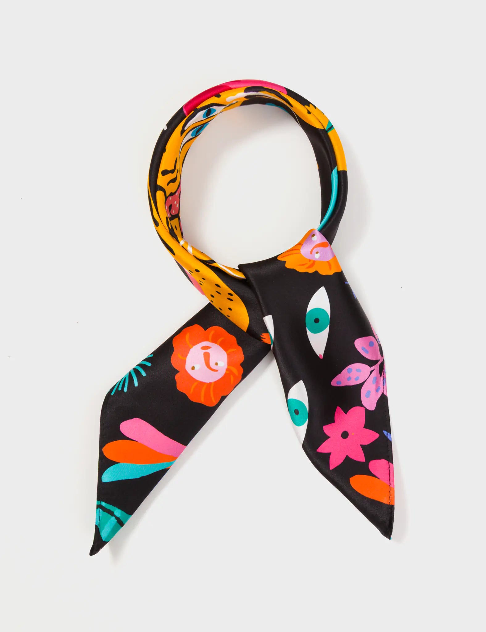 Black Silk Headscarf - Happy Tiger - Wrapped View