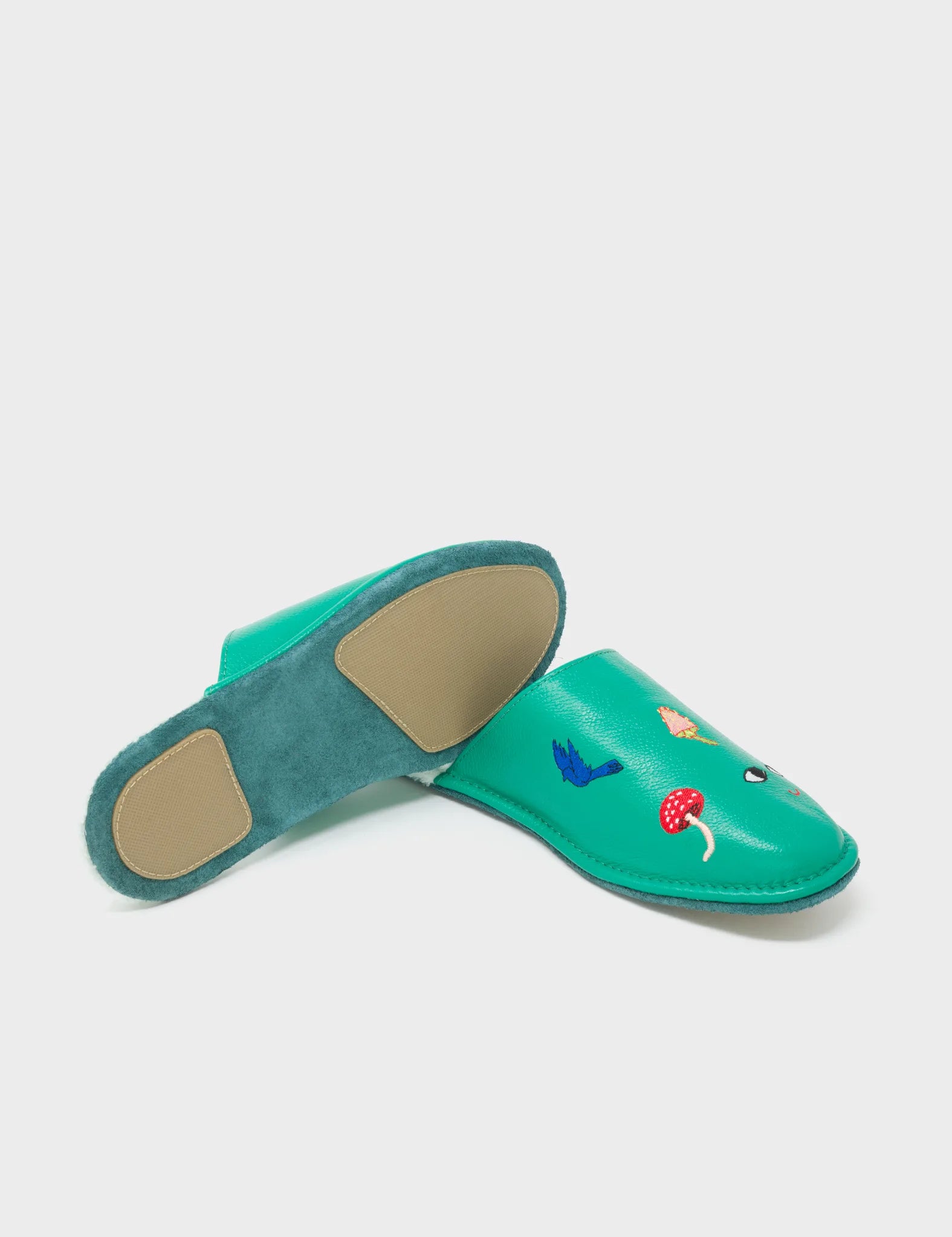 Deep Green Leather Slippers - Fungi, Birds & Smiley Face Embroidery - Bottom 