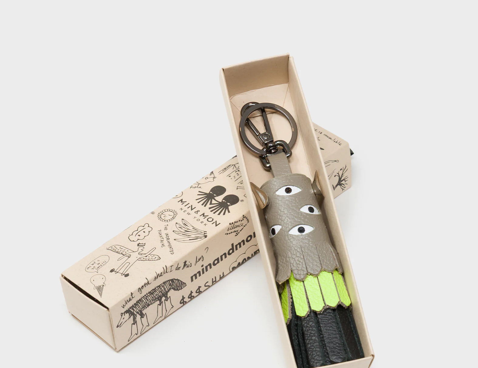 Oliver The Ox Charm - Neon Lime and Tuffet Brown Leather Keychain - Box view