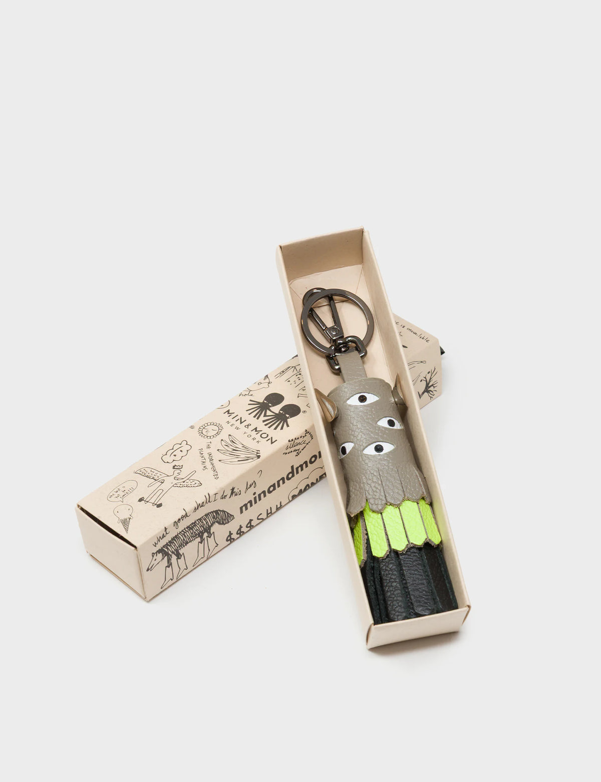 Oliver The Ox Charm - Neon Lime and Tuffet Brown Leather Keychain - Box view