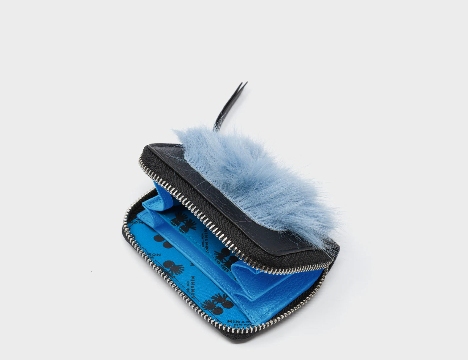 Frodo Black Leather Zip Around Wallet - Fuzzy Monster Applique - Open