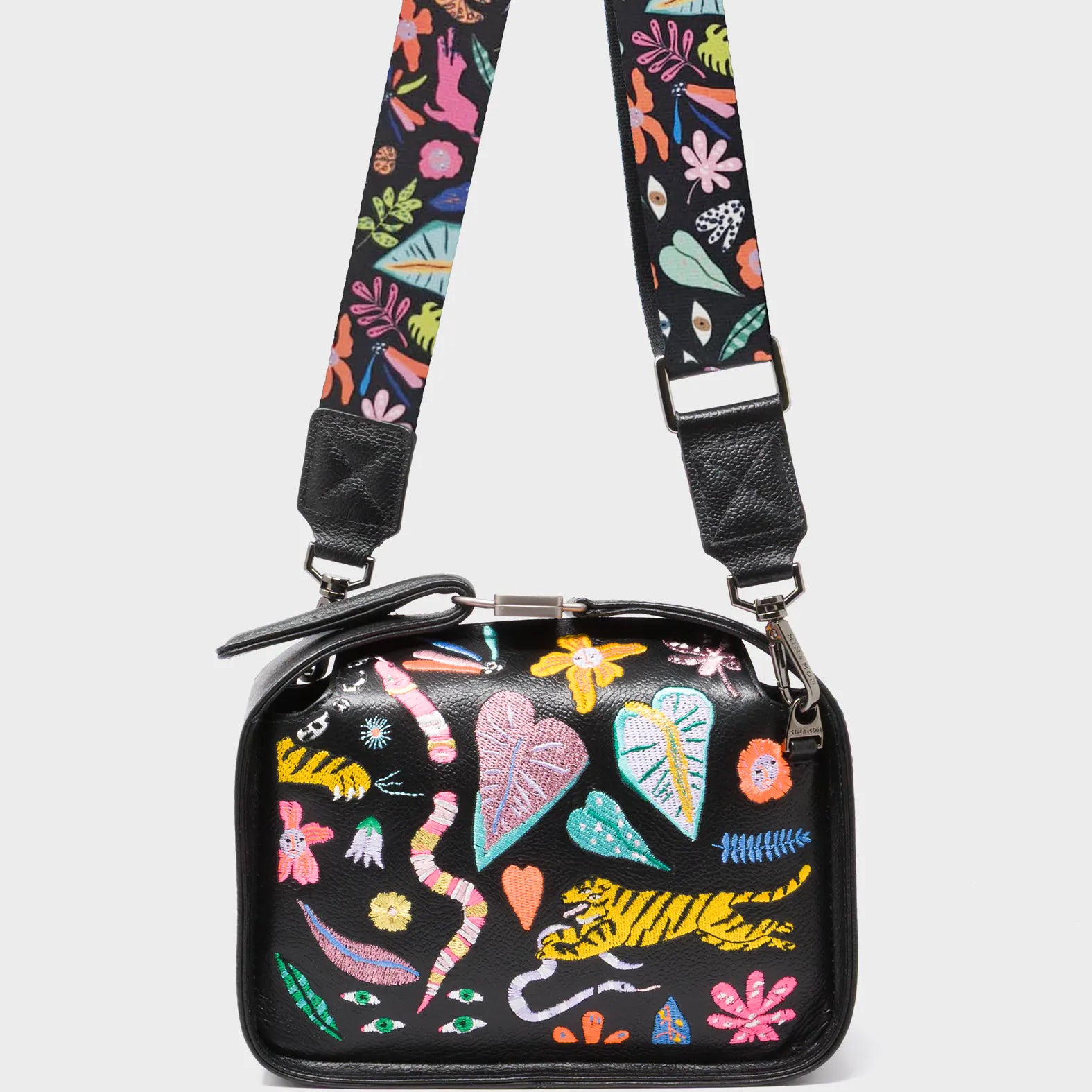 Benji Mini Crossbody Black Leather Bag - Autumn Blush Embroidery - Strap View