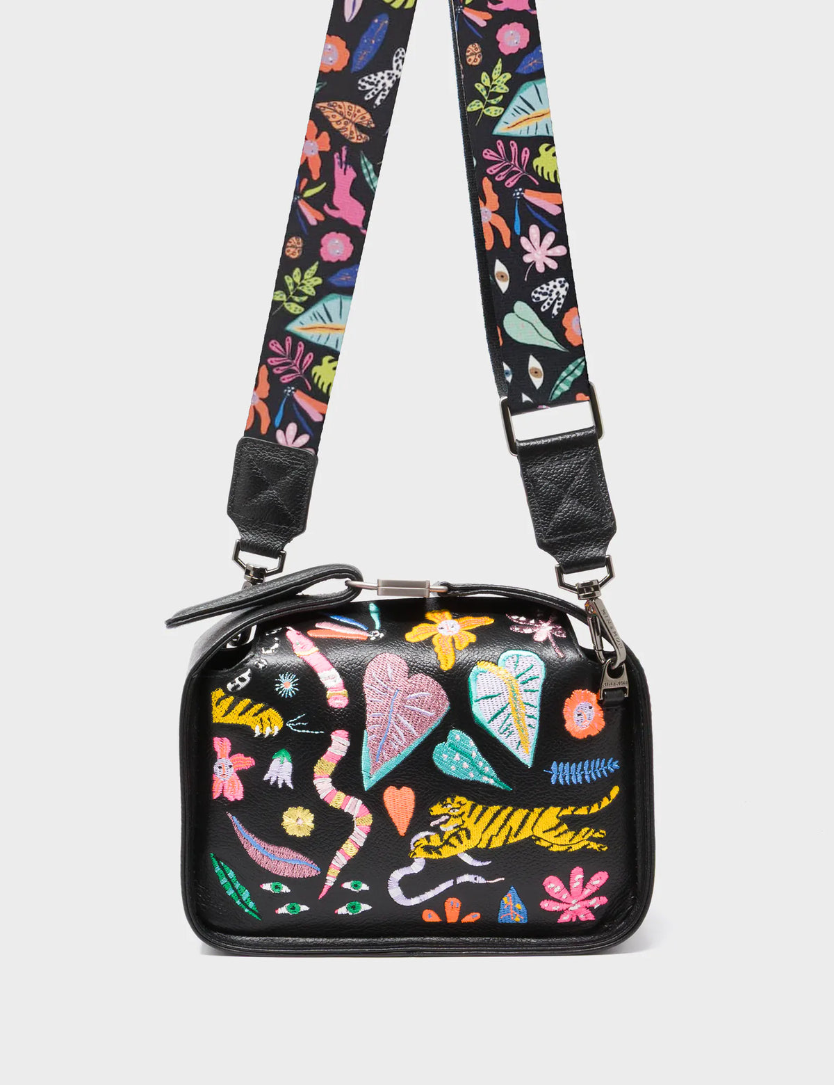 Benji Mini Crossbody Black Leather Bag - Autumn Blush Embroidery - Strap View