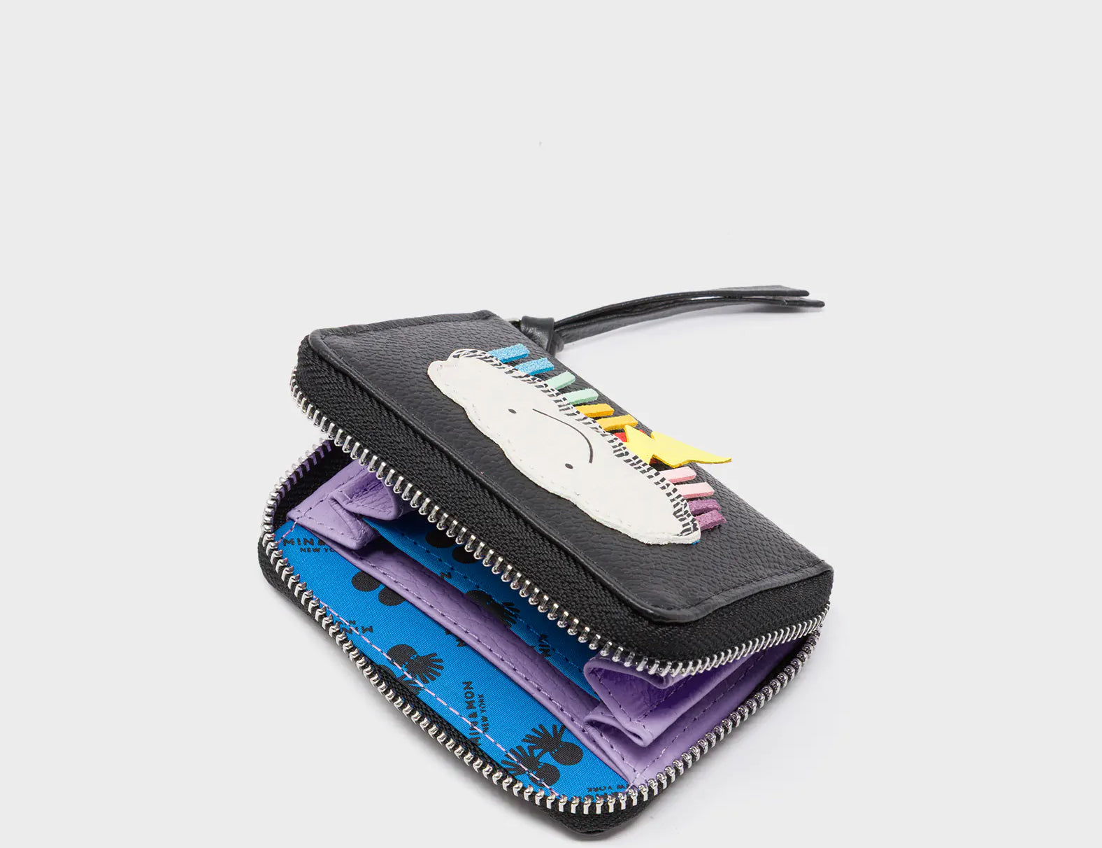 Frodo Black Leather Zip Around Wallet - Happy Cloud Applique - Open