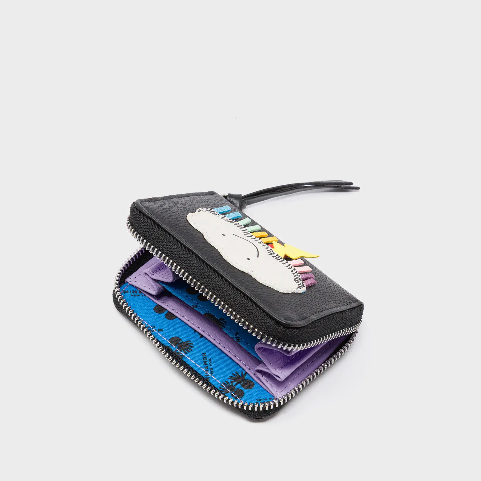 Frodo Black Leather Zip Around Wallet - Happy Cloud Applique - Open