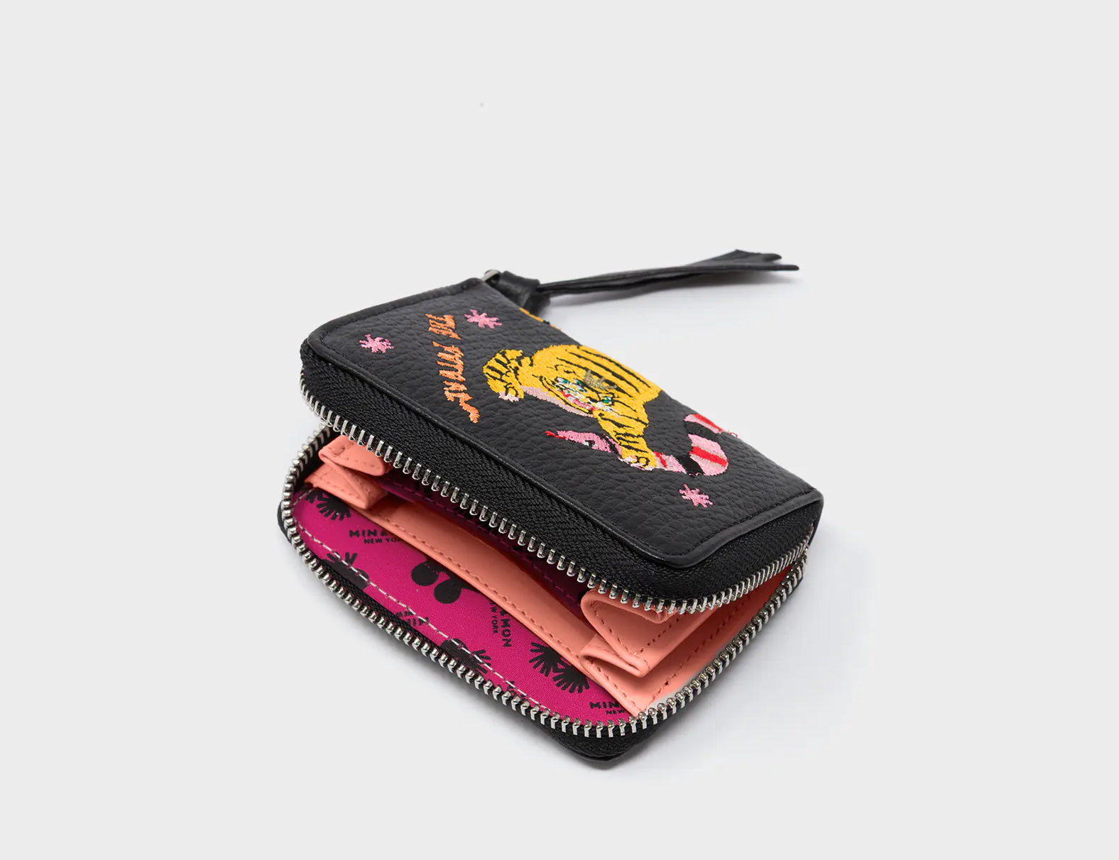 Frodo Black Leather Zip Around Wallet - Tiger and Snake Embroidery - open
