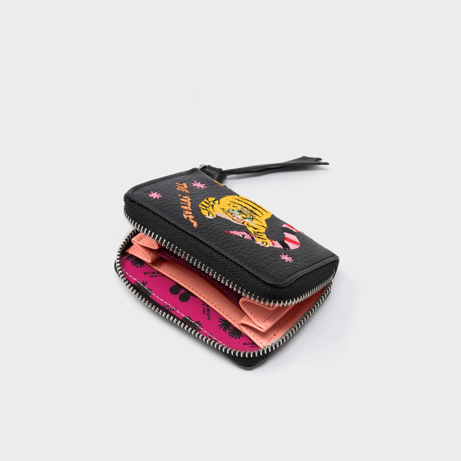 Frodo Black Leather Zip Around Wallet - Tiger and Snake Embroidery - open