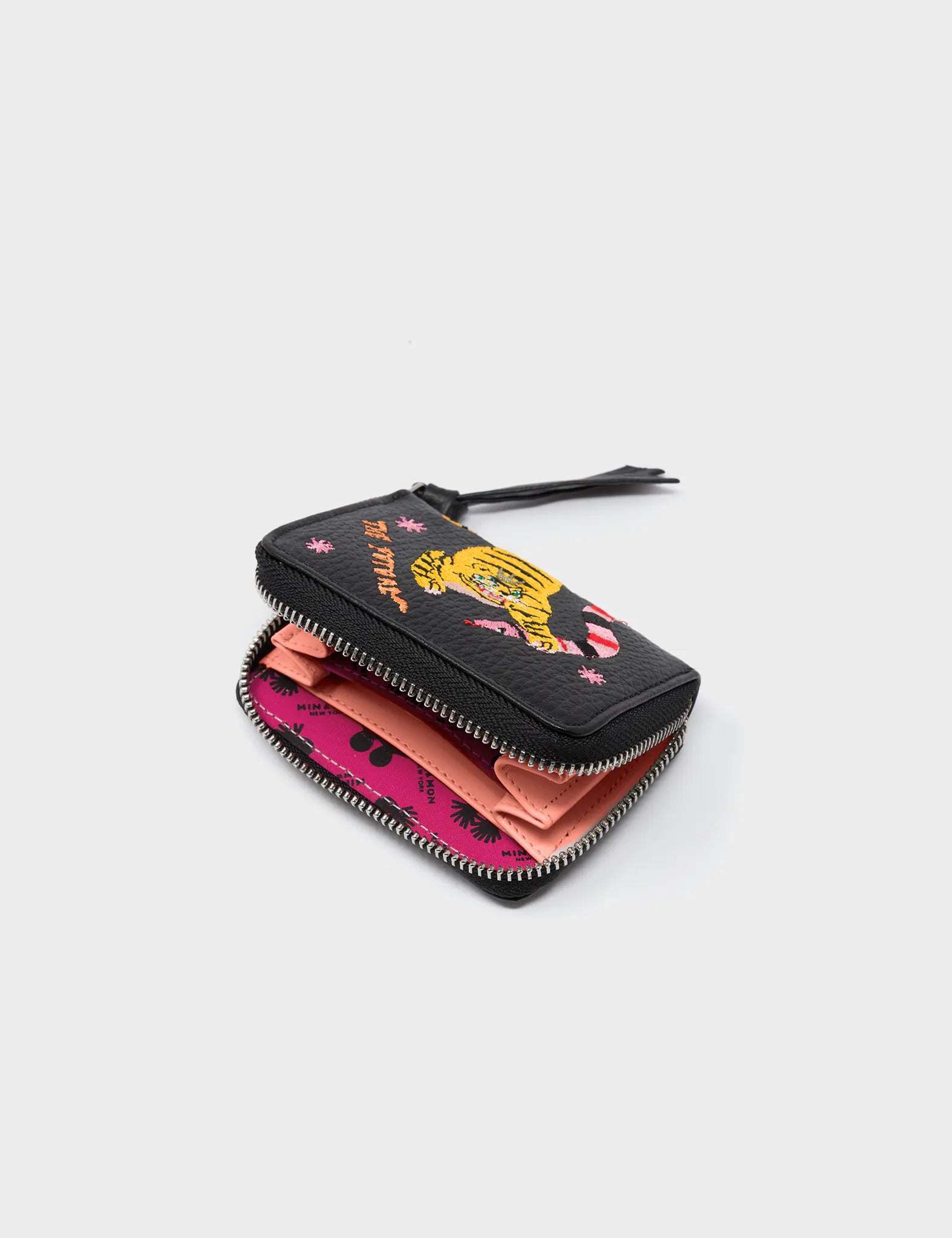 Frodo Black Leather Zip Around Wallet - Tiger and Snake Embroidery Frodo Black Leather Zip Around Wallet - Tiger and Snake Embroidery