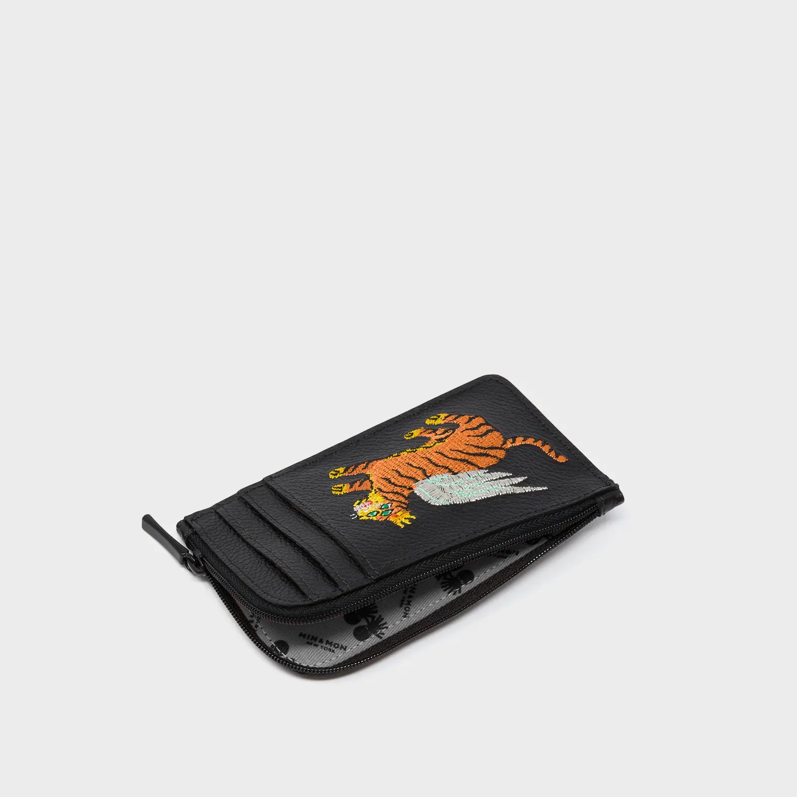Fausto Black Leather Zip-around Cardholder - Flying Tiger Embroidery - Interior View
